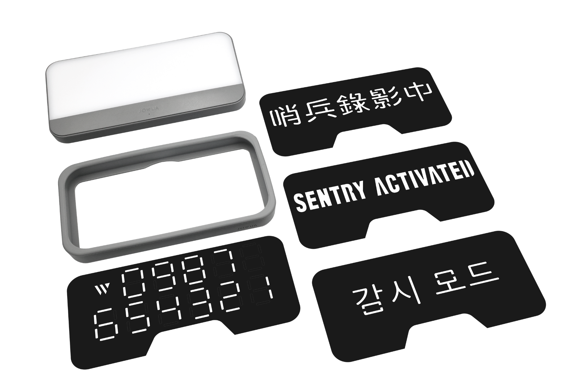 The JOWUA MagSafe LED Light with Light Stencil Set is a rectangular electronic device featuring a white top and several interchangeable black plates that display text in various languages and styles. Arranged on a white background, this versatile device also offers wireless charging capabilities, combining both functionality and convenience.
