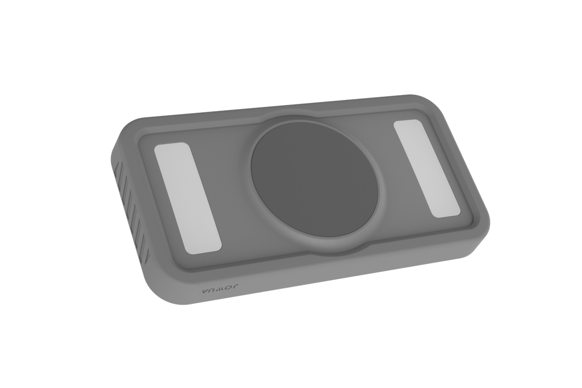 A rectangular, gray electronic device with a circular center and two rectangular white panels on either side—the JOWUA Portable LED Light, compatible with MagSafe and designed for wireless charging—is displayed against a plain white background.
