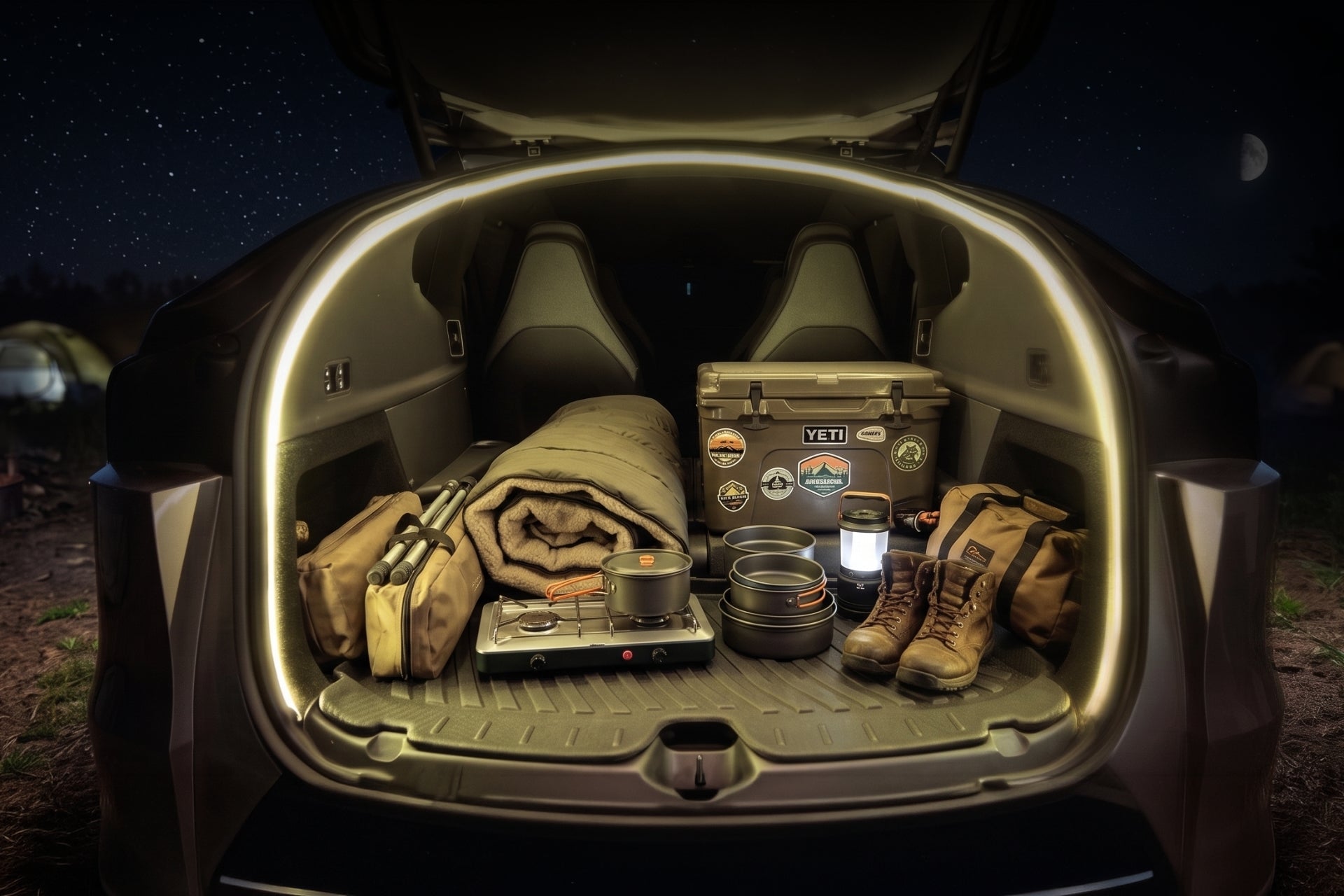 With the night sky and tents in the distance, an open Tesla Model Y L trunk shines with a soft ambient glow—courtesy of the JOWUA Tesla Model Y L (2026+) Trunk Storage Bins + Ambient Light Bundle. Inside, organized camping essentials like rolled blankets, a stove, pots, a stickered cooler, boots, lanterns, and backpacks stay neatly stored thanks to JOWUA’s handy trunk organizer system.