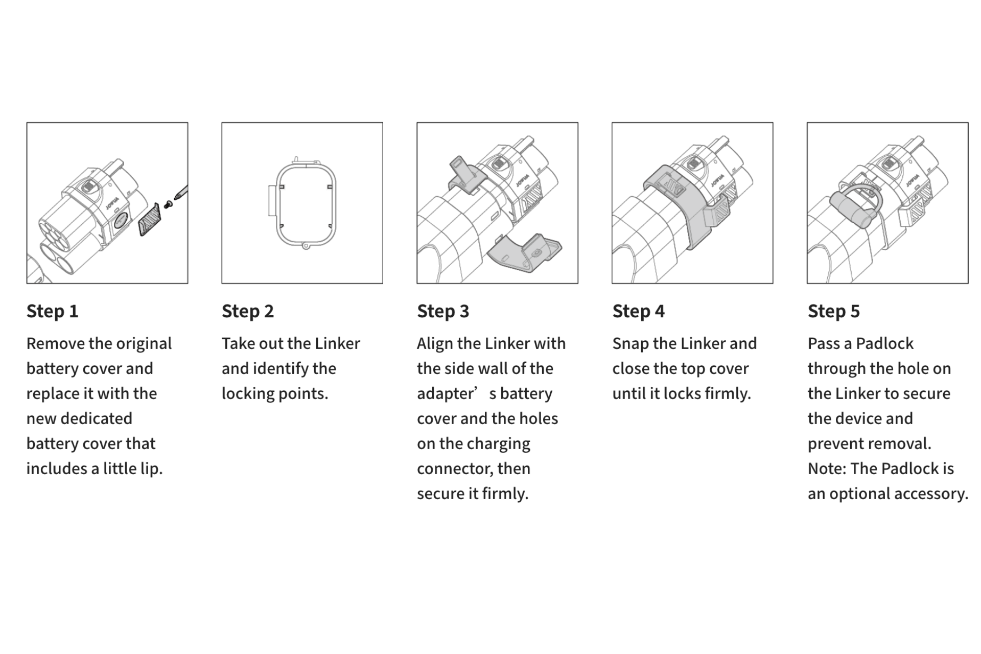 A five-step illustrated guide shows how to replace your battery cover, attach the JOWUA CCS2 to NACS DC/AC Charging Adapter Set, align and secure the adapter linker, close the top cover, and optionally lock it for extra security.