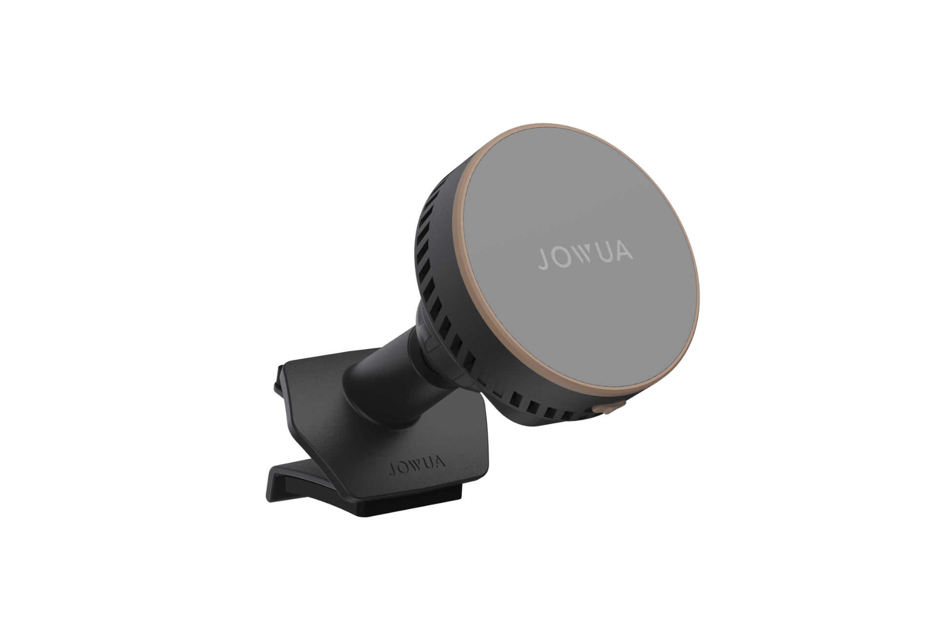 The JOWUA Active Cooling MagSafe Car Mount securely attaches to Model 3 Highland or Model Y Juniper air vents, featuring a sleek black and gold design with the brand name on its circular face.