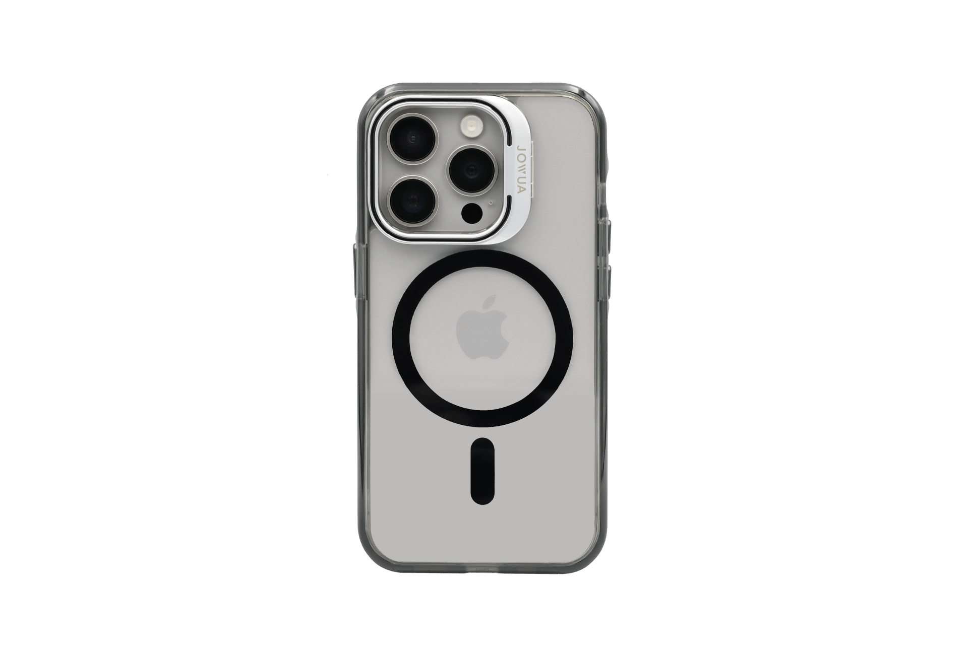 JOWUA iPhone Case for Tesla Car Mount with MagSafe (iPhone 15/14/13 Series) features shock-absorbing protection, a black ring and vertical line design, plus a metallic camera lens clip.
