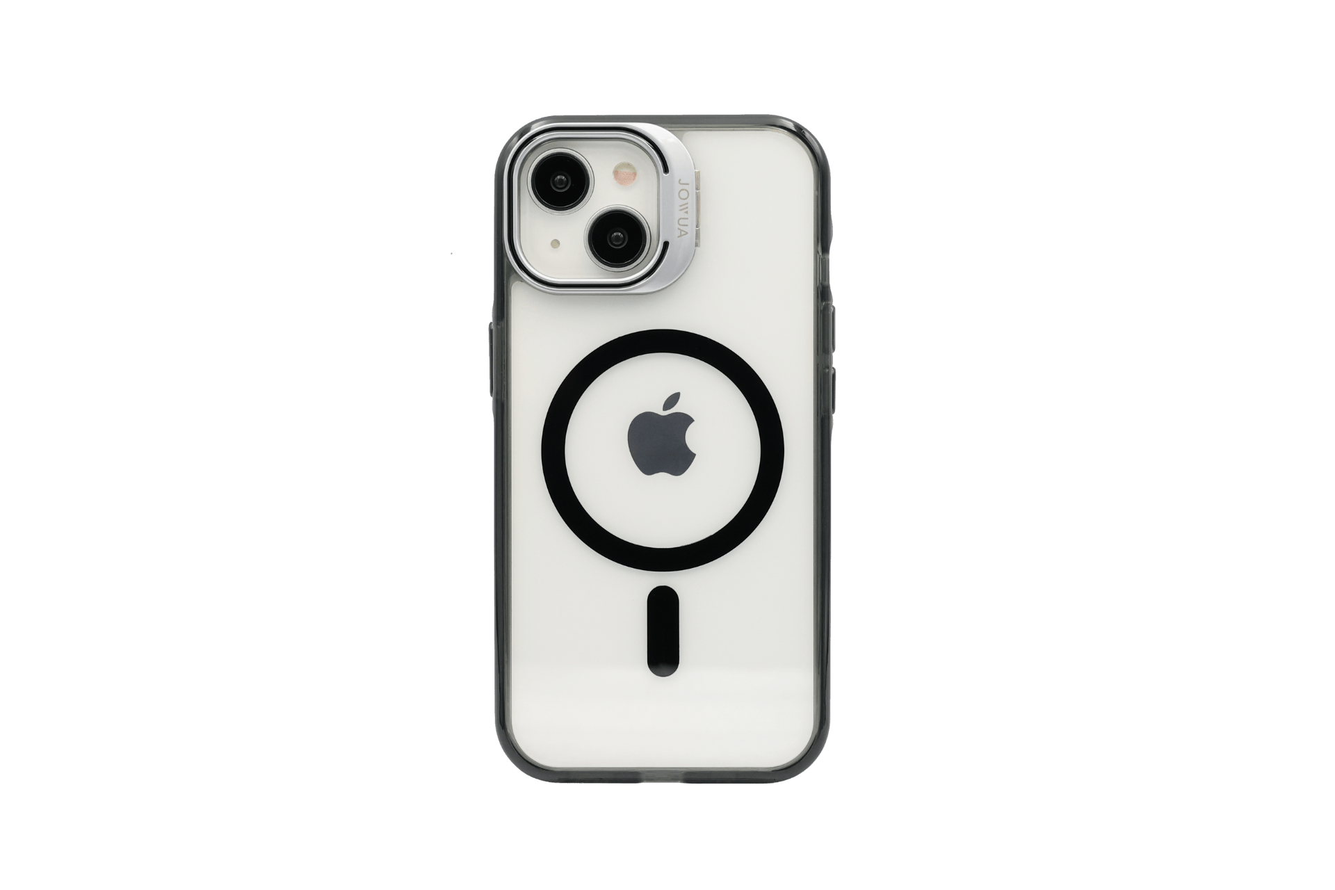 The JOWUA iPhone Case for Tesla Car Mount with MagSafe (iPhone 15/14/13 Series) is a clear, shock-absorbing case with black edges, a black circle and line design around the Apple logo, plus dual camera cutouts in the top left corner.