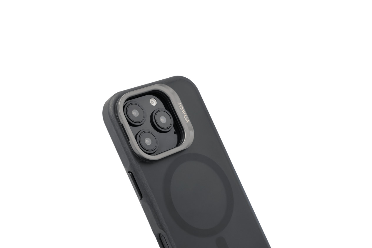 A close-up shows the JOWUA iPhone Case for Tesla Car Mount with MagSafe + Phone Tether Tab Set (iPhone 16 Series), featuring triple camera cutouts and MagSafe ring, with drop-proof protection highlighted against a white background.
