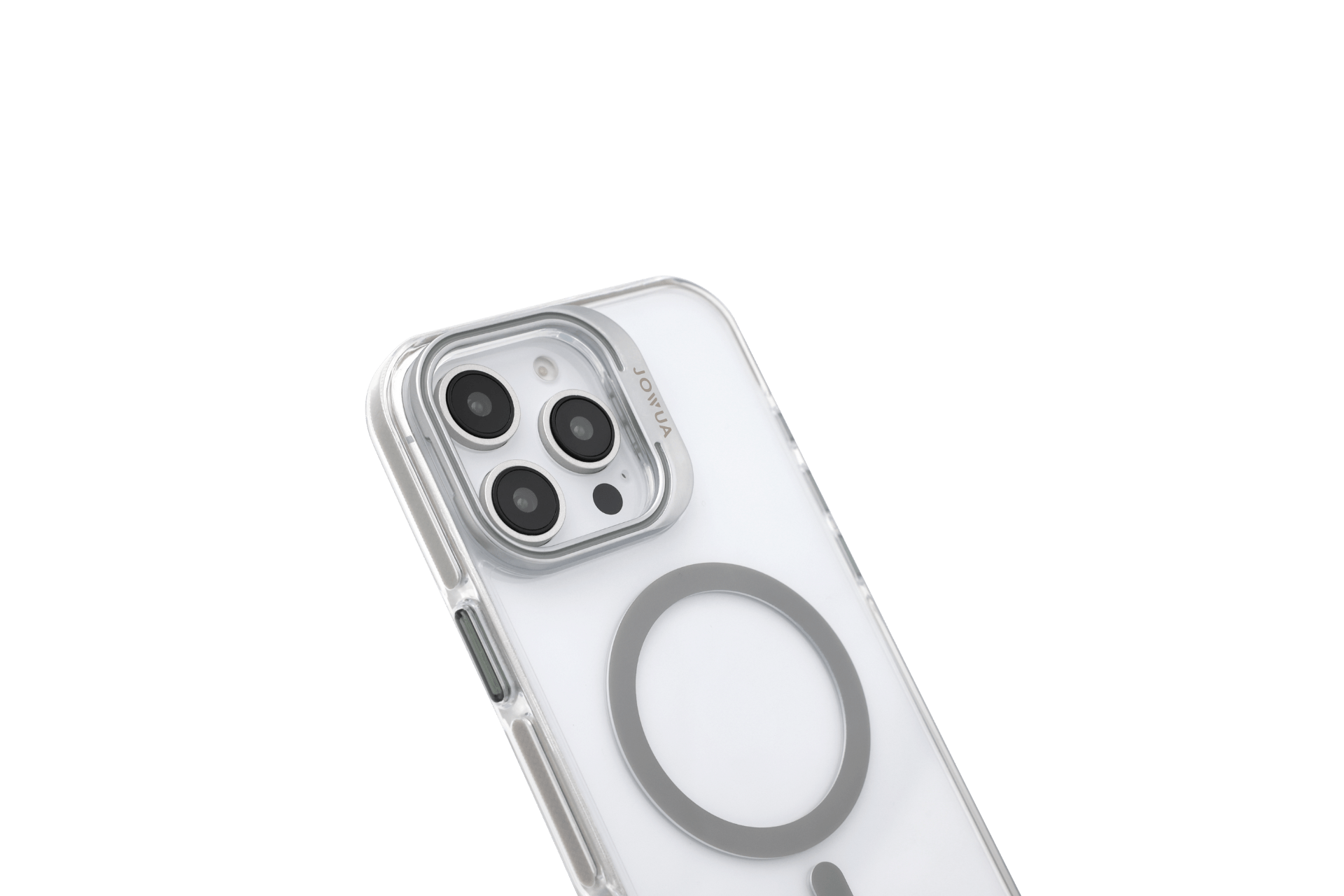 A silver iPhone 16 with a JOWUA MagSafe case for Tesla Car Mount and Phone Tether Tab Set is shown from the top left, displaying the circular MagSafe ring and triple camera lenses.