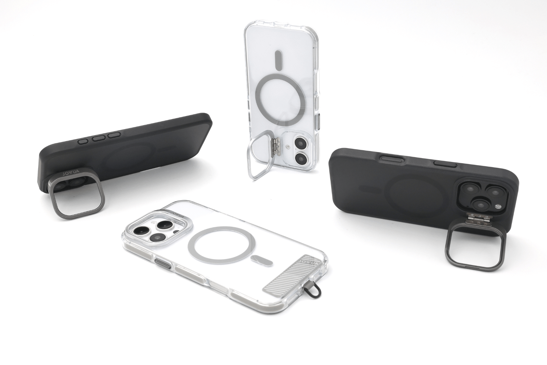 Four JOWUA iPhone Cases for Tesla Car Mount with MagSafe + Phone Tether Tab Set (iPhone 16 Series) are shown in black and clear, standing and lying on a white surface to highlight their back designs and drop-proof protection.