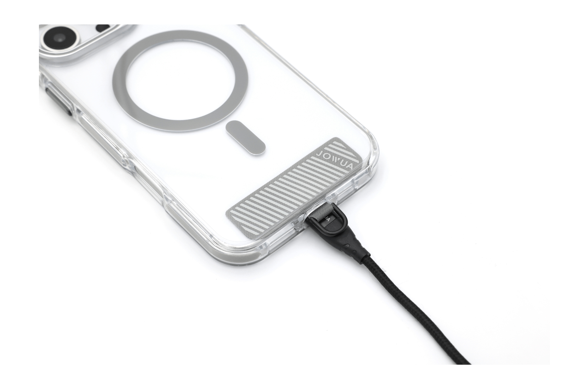 The JOWUA iPhone Case for Tesla Car Mount with MagSafe (iPhone 16 Series) has a clear gray circular design, drop-proof protection, and attaches to a black lanyard via the included Phone Tether Tab at the bottom corner.