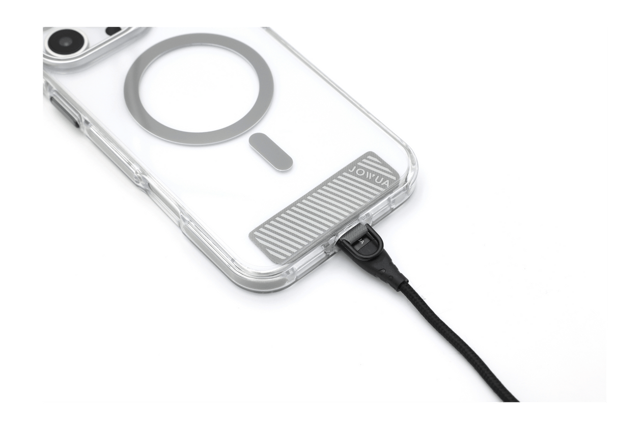 The JOWUA iPhone Case for Tesla Car Mount with MagSafe (iPhone 16 Series) has a clear gray circular design, drop-proof protection, and attaches to a black lanyard via the included Phone Tether Tab at the bottom corner.