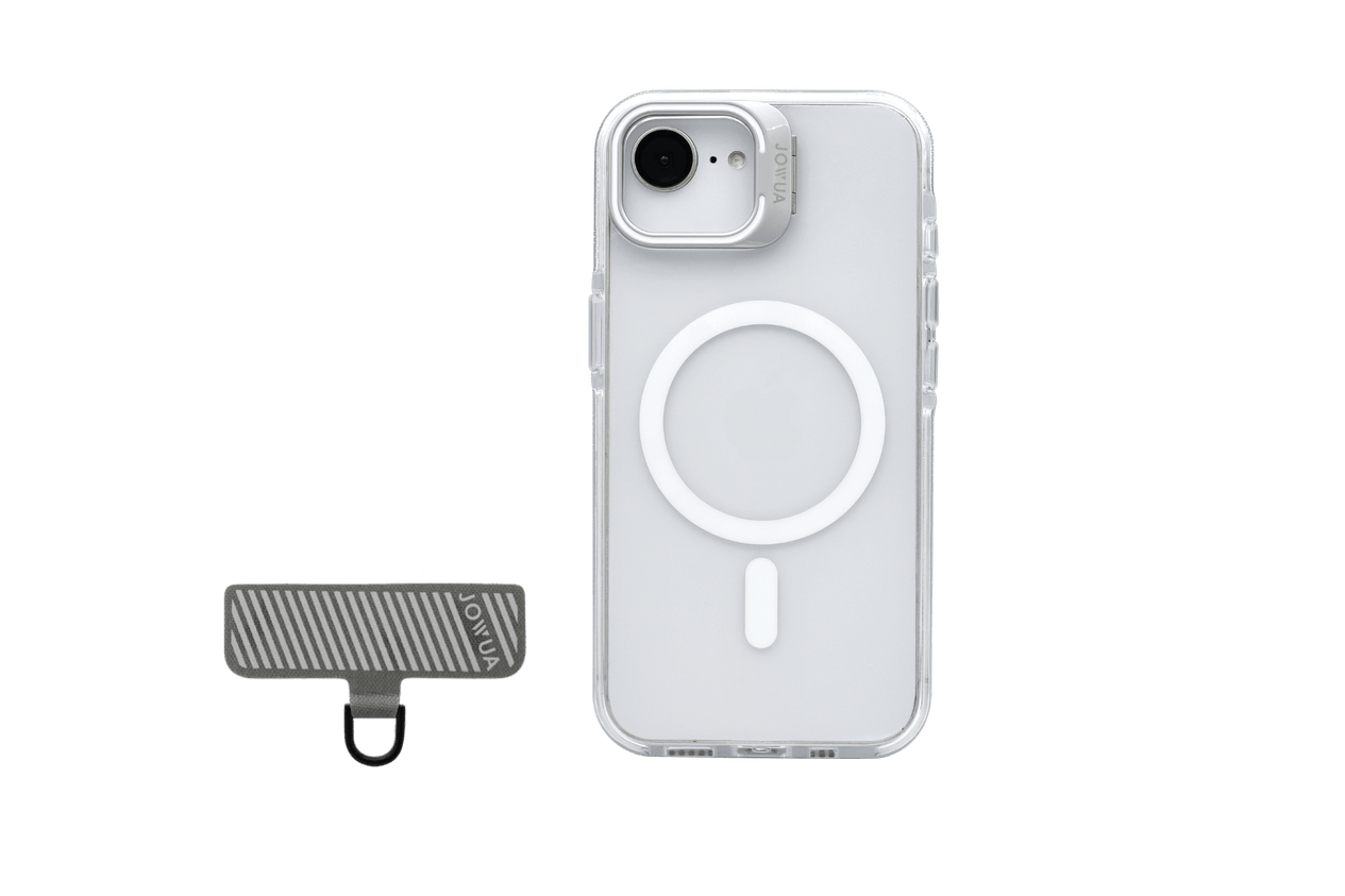 The JOWUA iPhone Case for Tesla Car Mount with MagSafe + Phone Tether Tab Set (iPhone 16 Series) is shown in white, featuring drop protection and a detachable lens attachment, next to a striped clip-on lens cover.