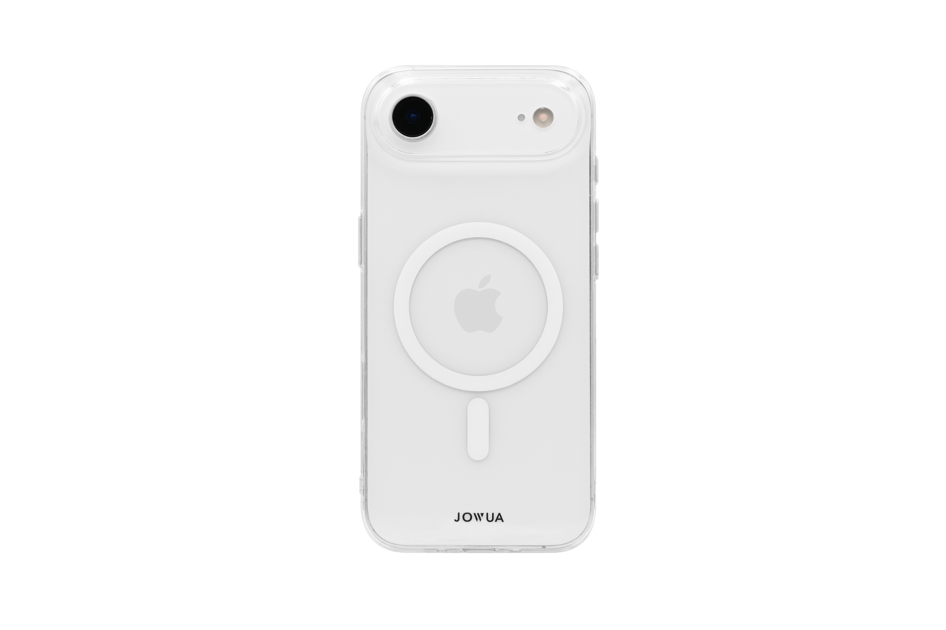 A white iPhone 17 with a JOWUA iPhone Case for Tesla Car Mount + MagSafe and Phone Tether Tab Set displays the Apple logo, circular MagSafe ring, and has "JOWUA" printed at the bottom.