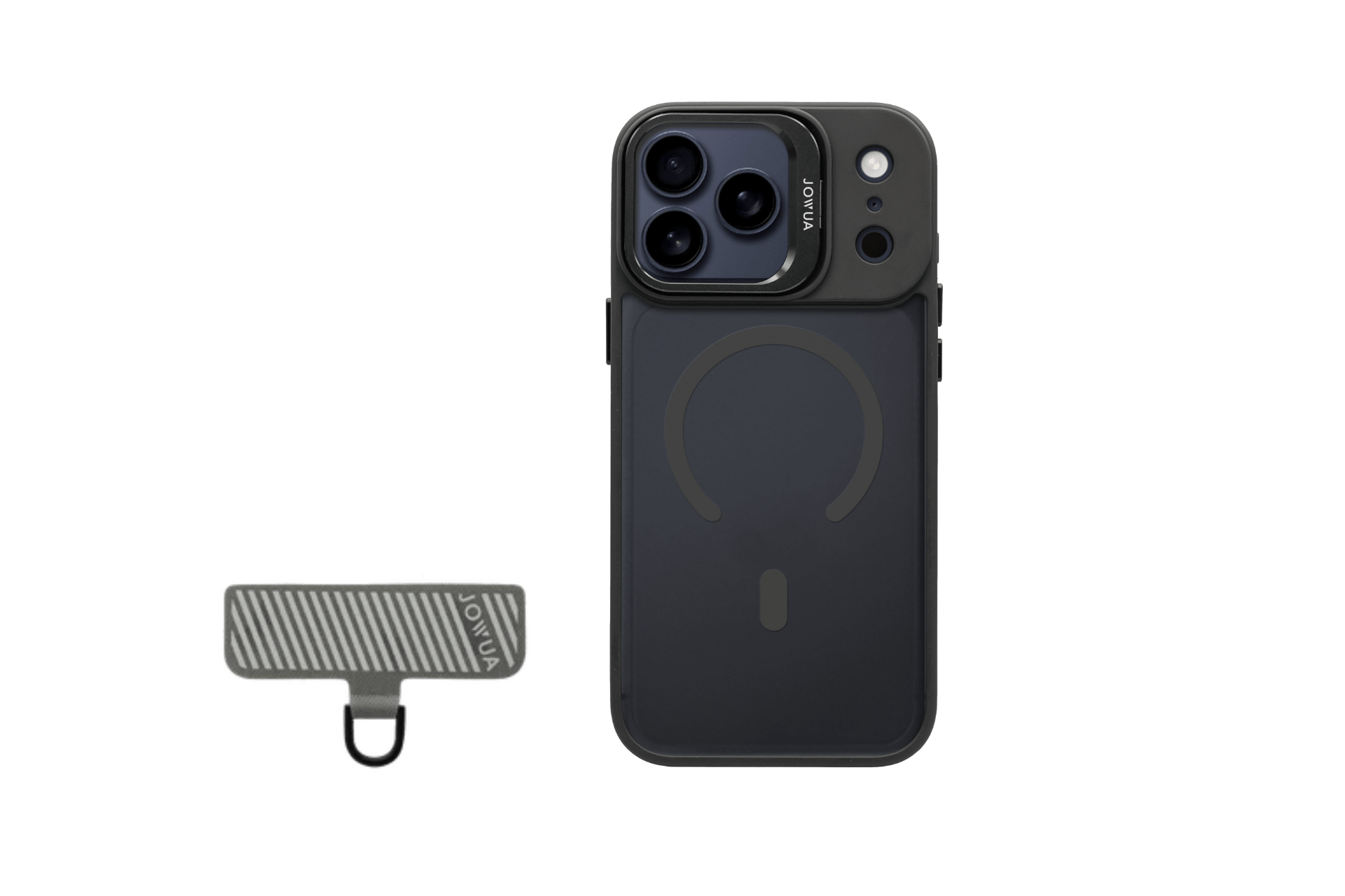 A JOWUA iPhone Case for Tesla Car Mount with MagSafe (iPhone 17 Series) and a Phone Tether Tab Set are displayed side by side on a white background, showing the black case's camera bump and the tether's attached ring.