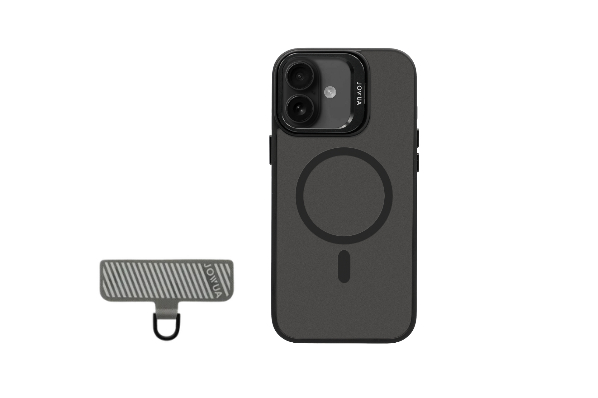 The JOWUA iPhone Case for Tesla Car Mount with MagSafe + Phone Tether Tab Set (iPhone 17 Series) features a sleek black case and a striped gray tether tab—ideal for pairing your iPhone with MagSafe accessories.