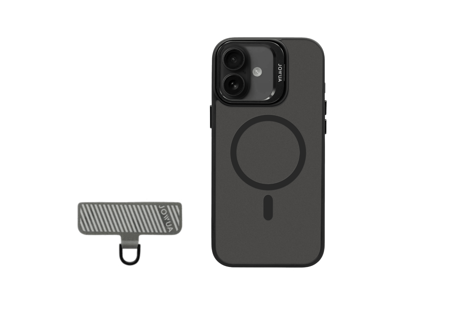 The JOWUA iPhone Case for Tesla Car Mount with MagSafe + Phone Tether Tab Set (iPhone 17 Series) features a sleek black case and a striped gray tether tab—ideal for pairing your iPhone with MagSafe accessories.