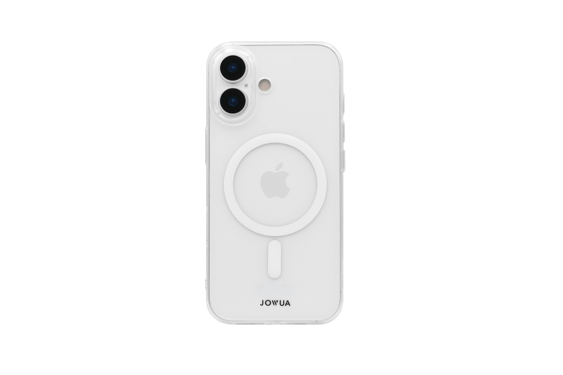 A JOWUA iPhone Case for Tesla Car Mount with MagSafe + Phone Tether Tab Set (iPhone 17 Series) in crystal clear, featuring a large white MagSafe ring and "JOWUA" branding, shown on a white background with anti-yellowing protection.