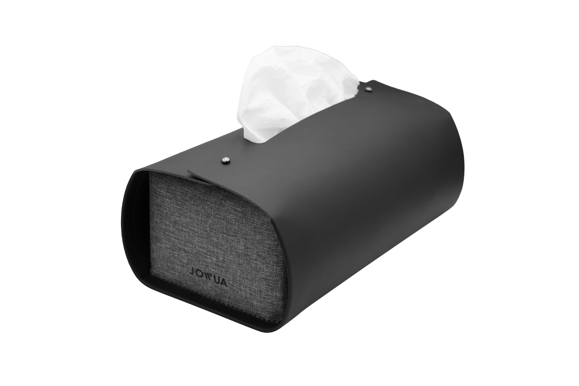 The MagSafe Tissue Box Cover by JOWUA features a black microfiber leather design with a gray fabric front, brand name visible, and tissues accessible from the top, adding modern elegance to your car's interior.