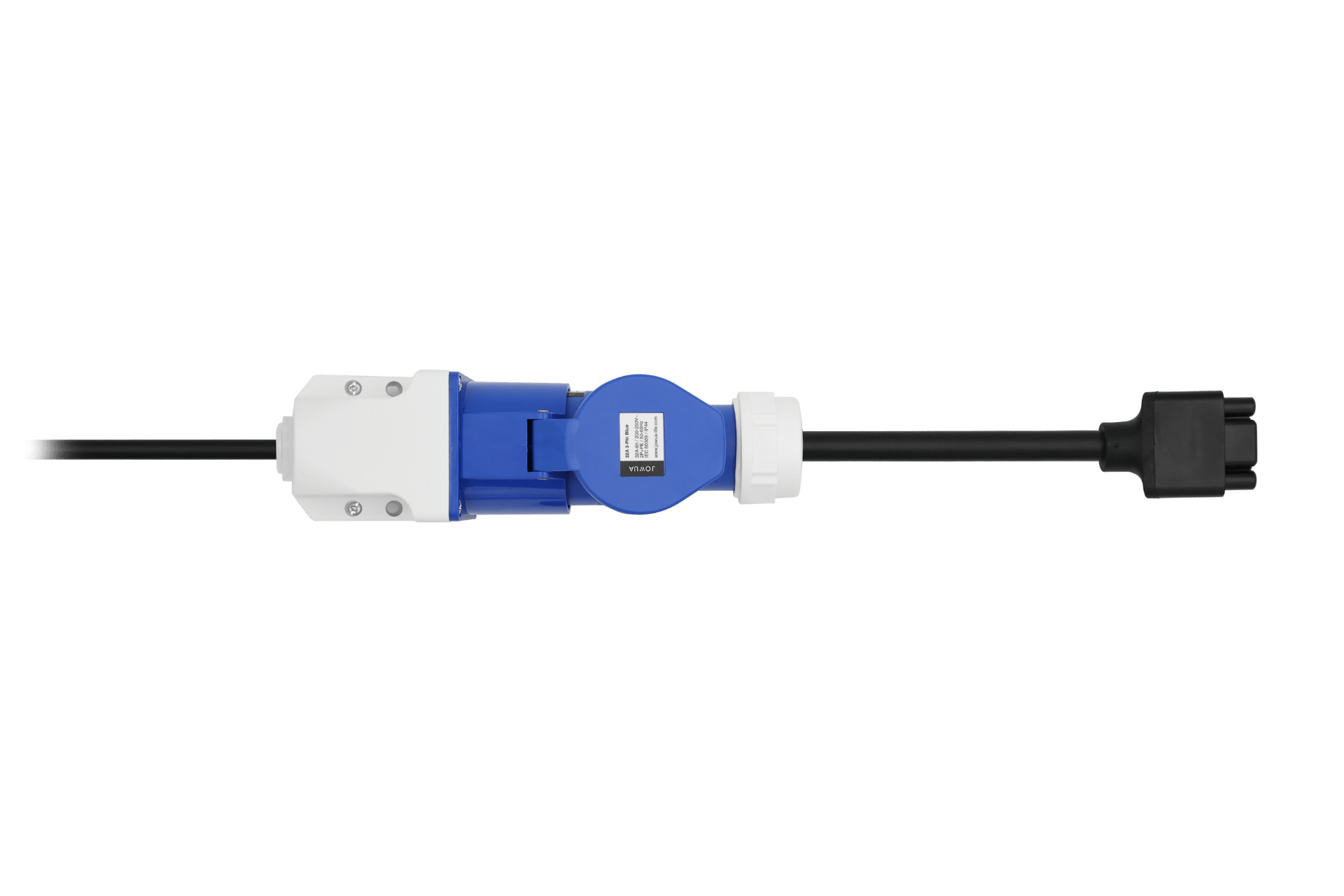 The JOWUA EV Mobile Connector (Type-2) is a blue and white portable charger with black cables, shown horizontally on a white background. This versatile device offers up to 7.6kW charging capability for EVs, ideal for on-the-go use.