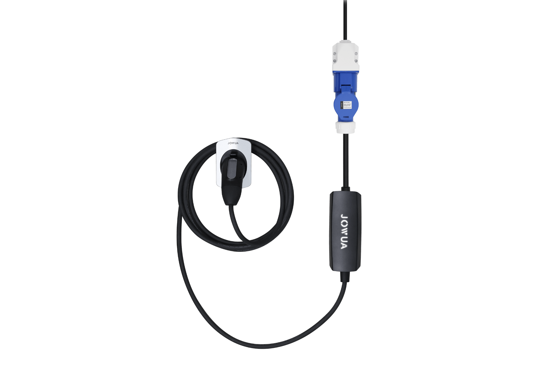 The JOWUA EV Mobile Connector (Type-2) – Versatile Mobile Connector, comes with a wall-mounted holder and plug, power adaptor, and blue-white socket, delivering 7.6kW charging against a plain light background.