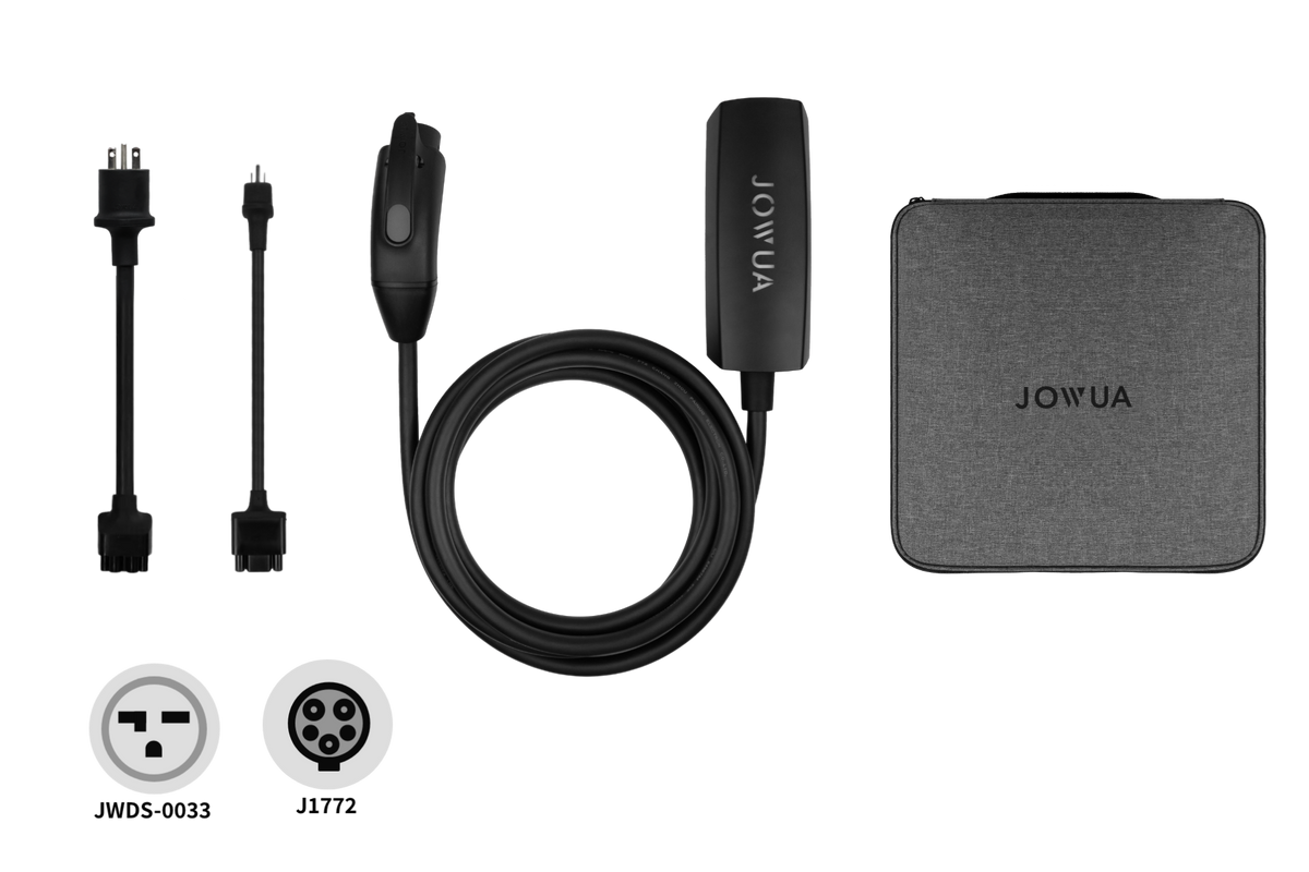 JOWUA CCS1-AC / J1772 モバイルコネクター featuring a control box, two plug adapters, and a carrying case, shown alongside icons for JWDS-0033 and J1772 chargers.