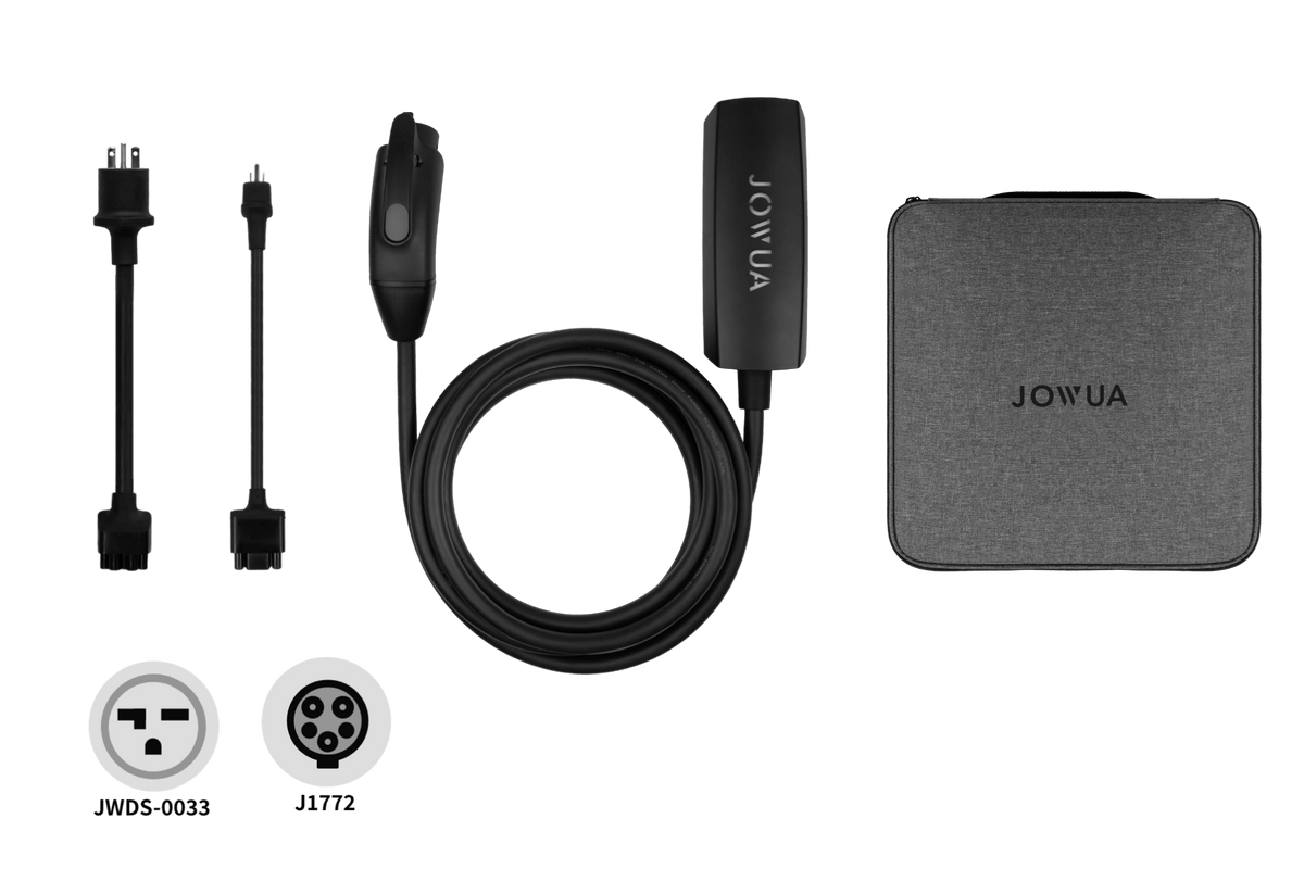 JOWUA CCS1-AC / J1772 モバイルコネクター featuring a control box, two plug adapters, and a carrying case, shown alongside icons for JWDS-0033 and J1772 chargers.