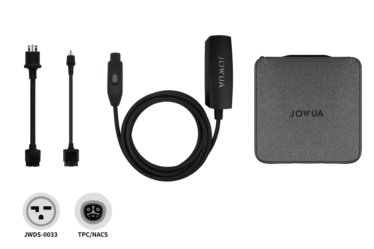 JOWUA テスラ用 NACS モバイルコネクター kit including two adapter cables, a charging cable with a control box, and a square storage case, with two circular icons showing NACS and JWDS-0033 plug types.