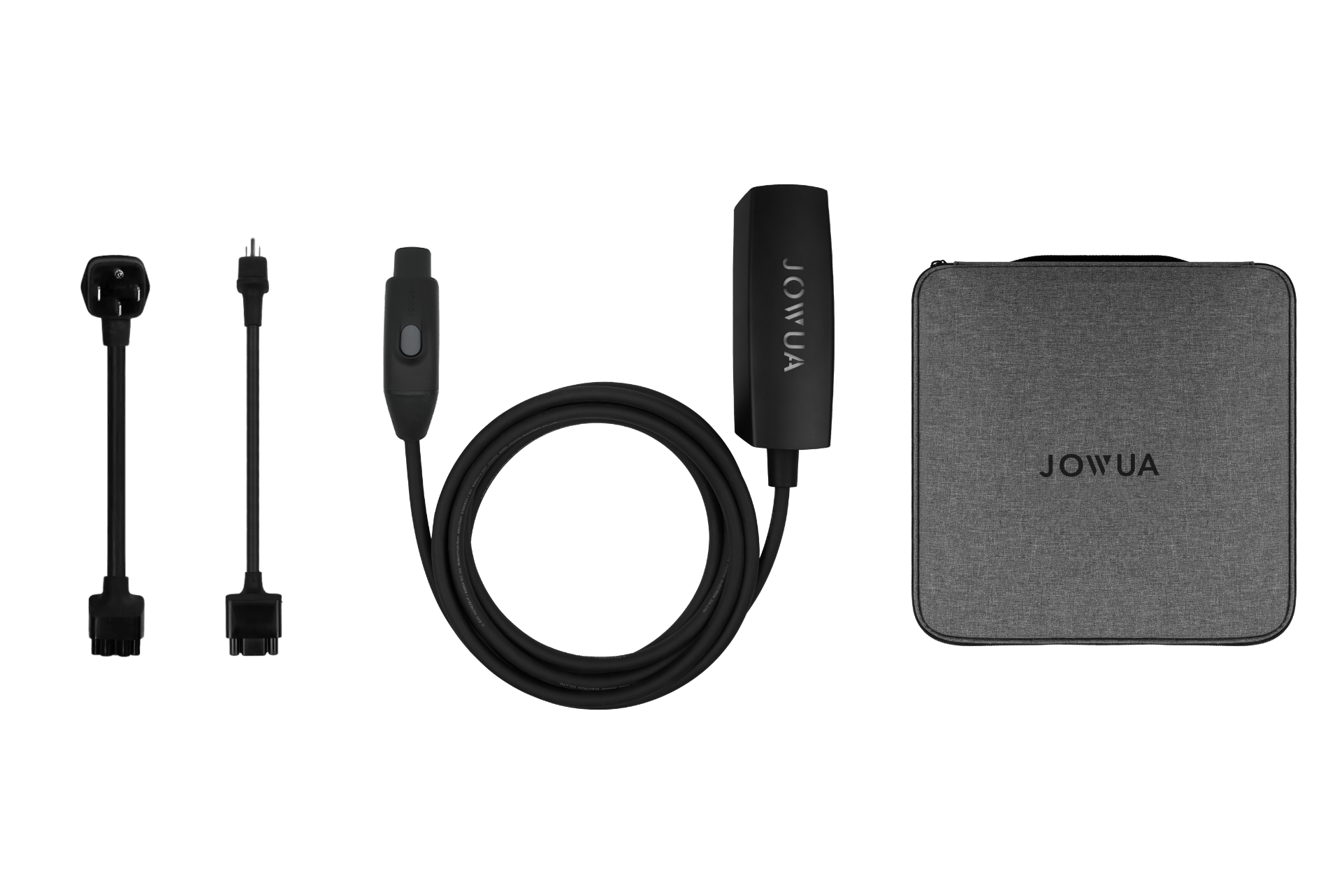 The JOWUA NACS Mobile Connector Solution for Tesla includes a charging cable with control box, two adapter cables, and a gray carrying case—perfect as a home Tesla charger—all displayed on a white background.