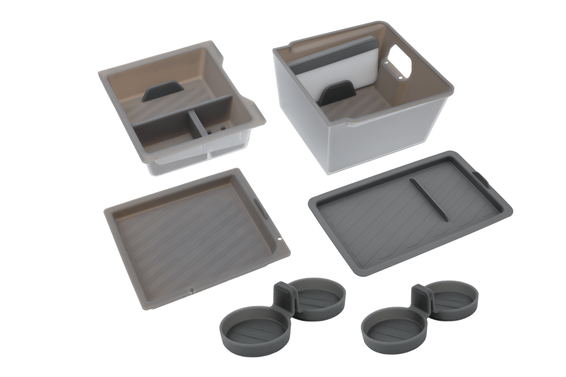 The JOWUA LED Center Console Combo for Tesla Reengineered Model 3 Highland (2024+) includes modular storage bins, dividers, trays, silicone cup holders, and a lid in gray and beige on white—perfect for organized, illuminated storage.