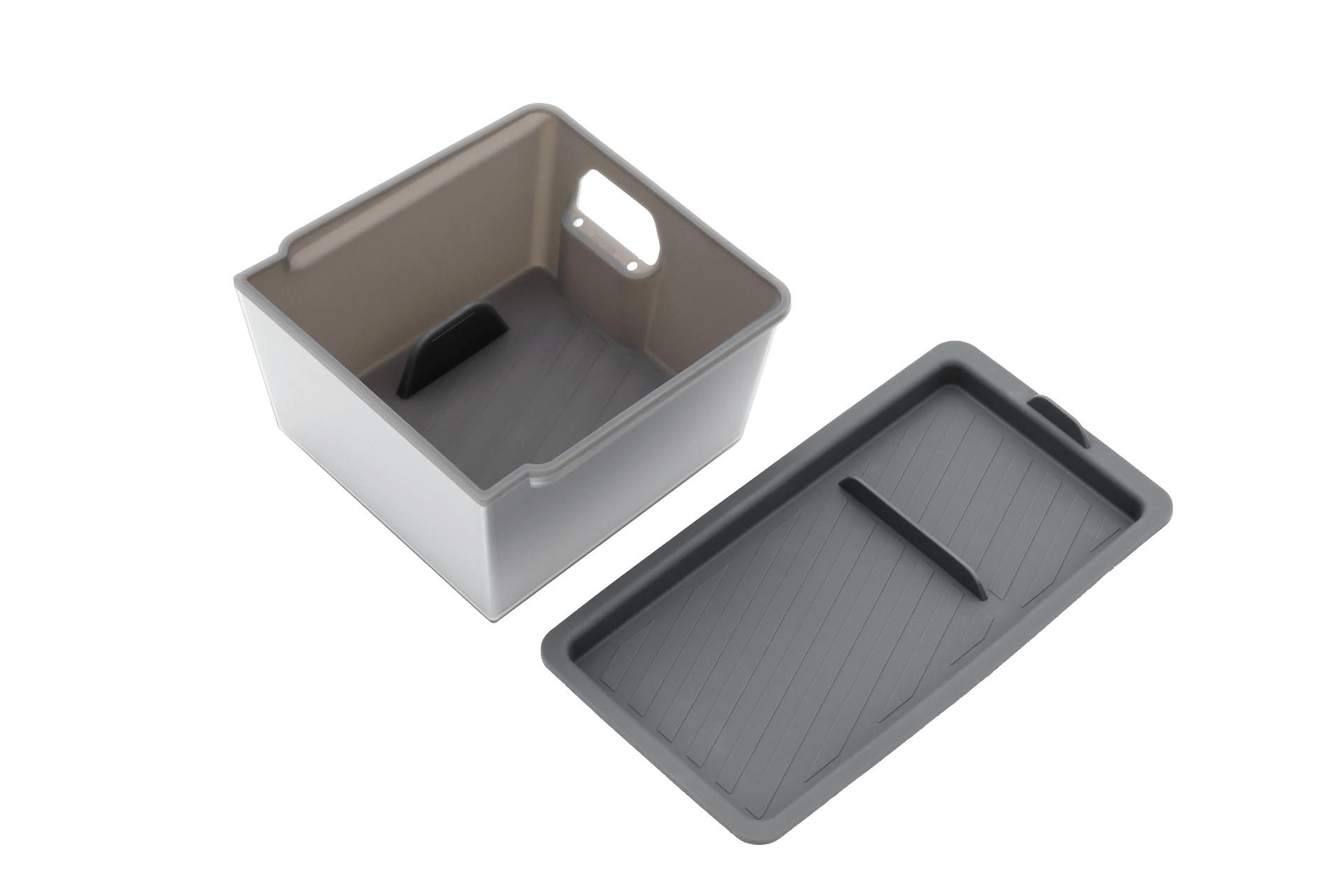The JOWUA Armrest Organizer Set for Tesla Model Y Juniper 2025+ and Model 3 Highland 2024+ features a premium hybrid material, handle, inner divider, and gray lid—ideal for organizing cables or as an armrest organizer at home.