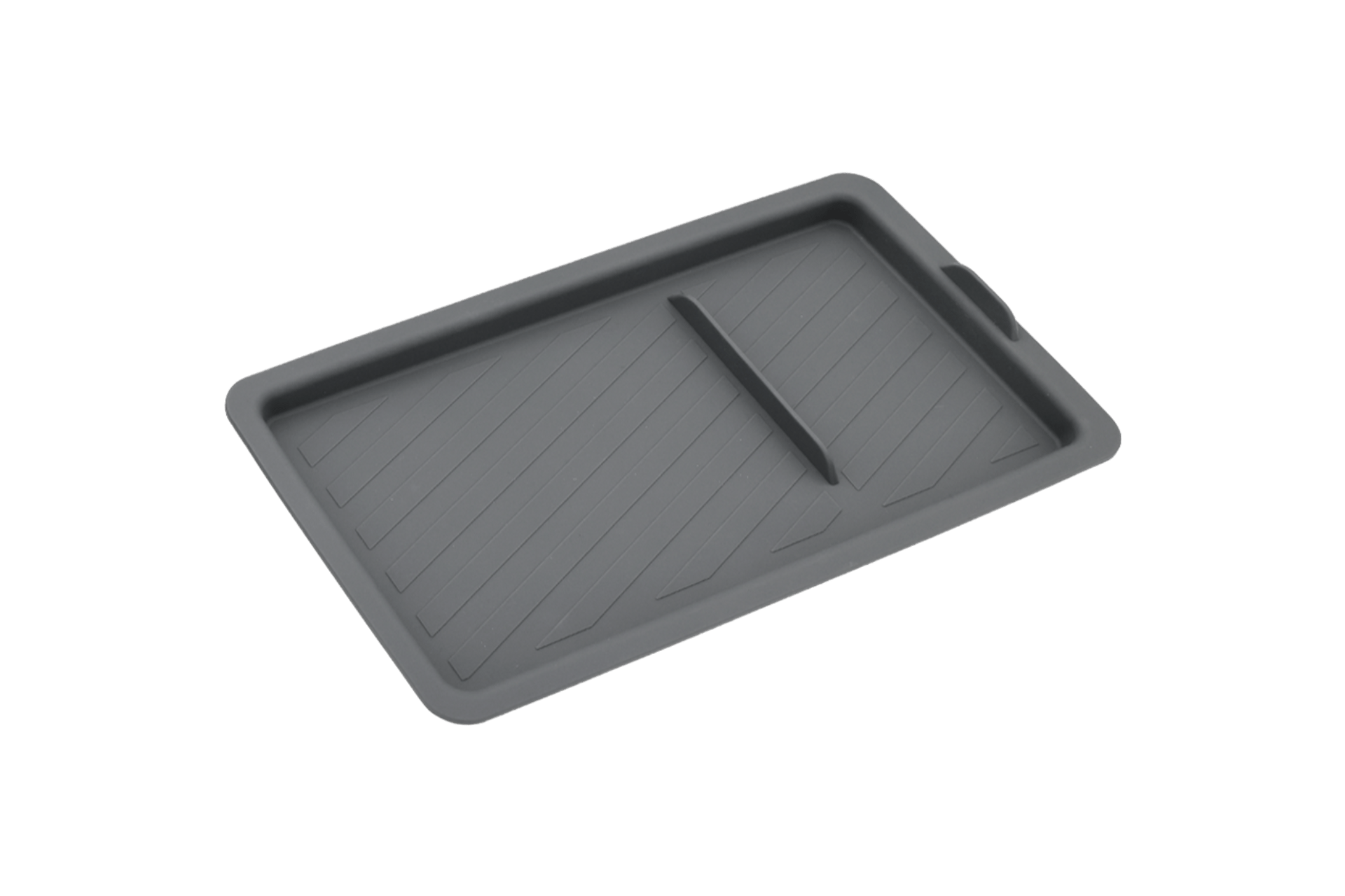 The JOWUA Armrest Console Silicone Mat (Model 3HL/Model Y Juniper) is a gray, rectangular, soft silicone tray with a raised center divider and textured diagonal pattern—ideal for organized storage in your updated Model 3.