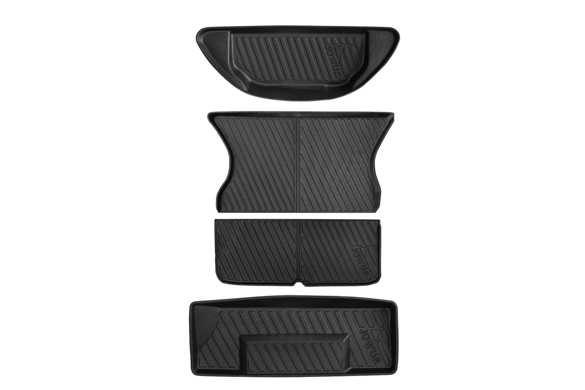Four black, textured JOWUA All-Weather Shield | Model X Trunk Liners (2021+) are shown vertically on a white background—custom-fit TPE mats with channels for dirt and liquid, ideal as trunk liners or rear seat back covers for Tesla Model X.