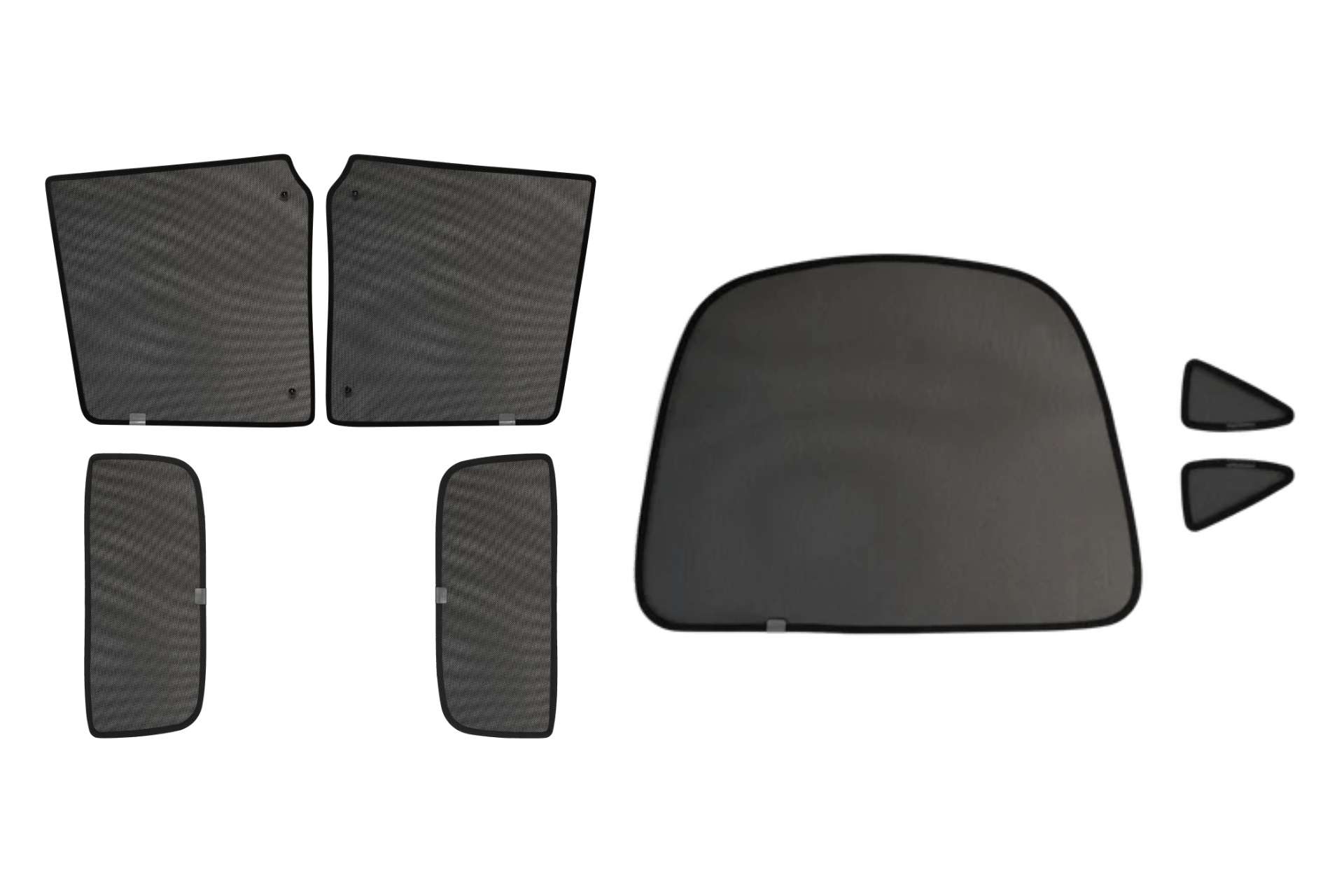The JOWUA Model X Separate Sunshade Bundle features a black, textured design with custom-fit sunshades in various shapes and sizes, including two large rectangles, three smaller ones, and a larger irregular shape—all arranged on a white background to fit different vehicle windows.