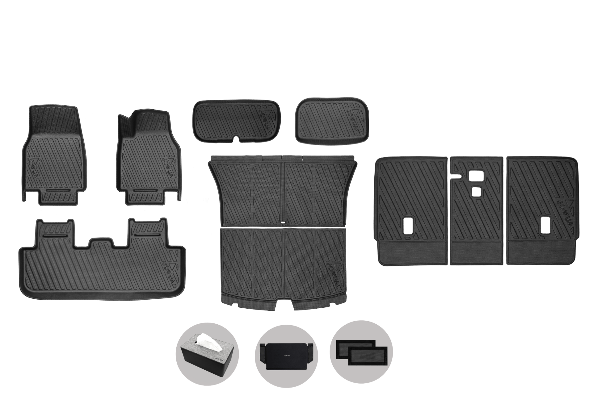 The JOWUA Model Y Juniper 2025+ Interior / Trunk Full Coverage Liner Combo (Right Hand Drive) is shown on a white background, with four insets highlighting the detailed features of these all-weather floor mats.