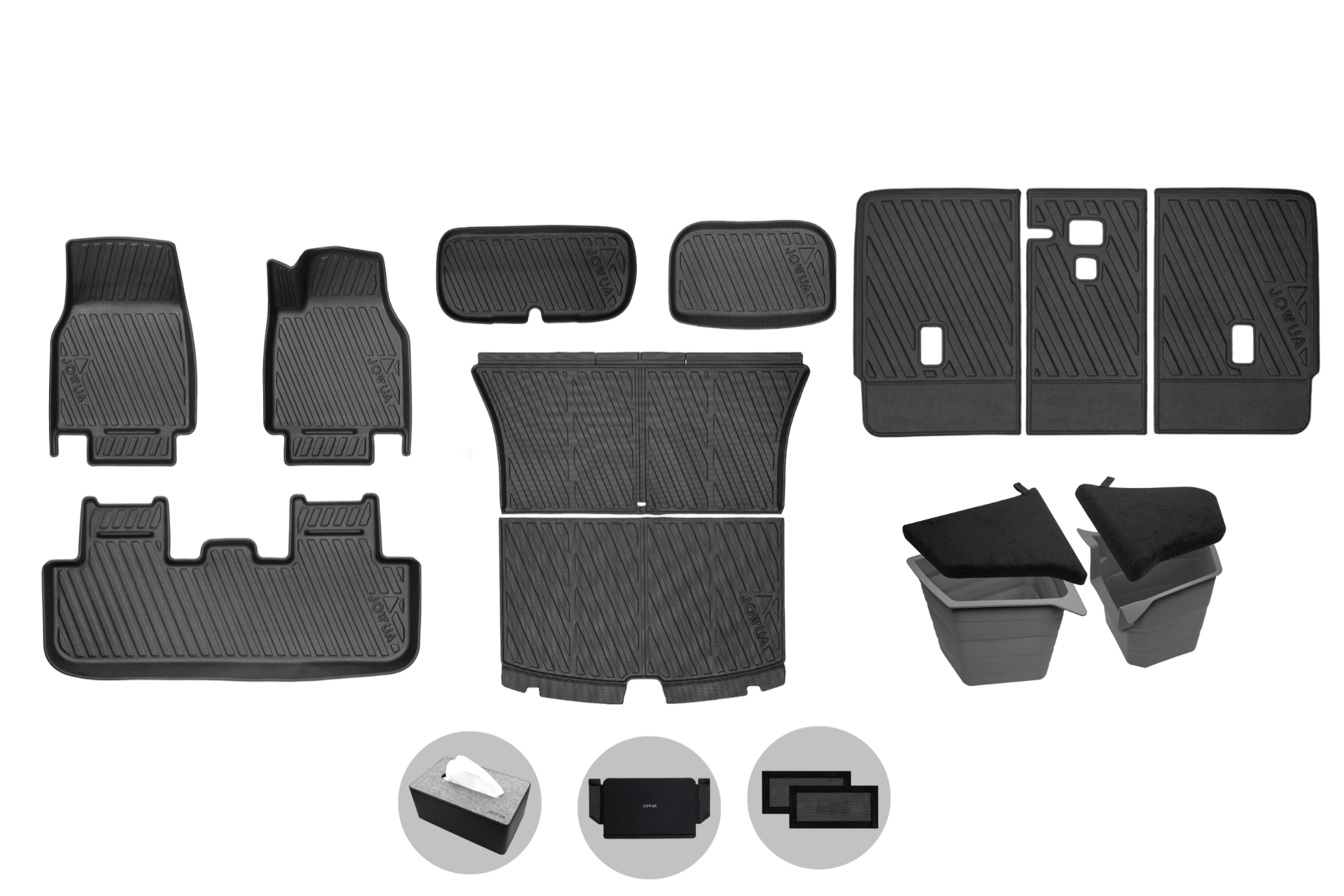 The JOWUA Model Y Juniper 2025+ Right Hand Drive Full Coverage Liner Combo is displayed on a white background, with insets below highlighting compatible accessories like organizers, storage containers, and a tissue box holder.