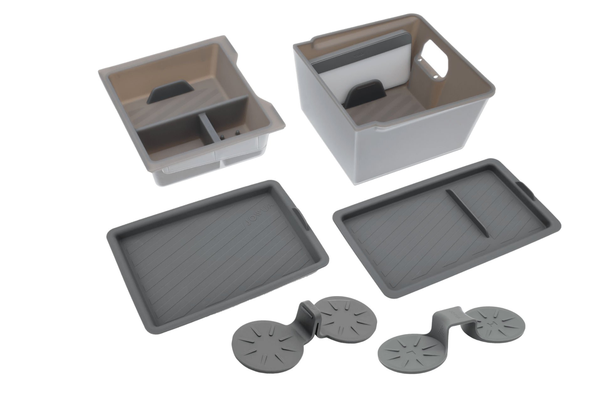 JOWUA's Premium Interior Essentials Set – Model Y Juniper (2025+) includes stackable gray and beige bins with lids, interior dividers, side openings for easy carrying, and two sets of round detachable wheels—ideal for organizing your Tesla Model Y.