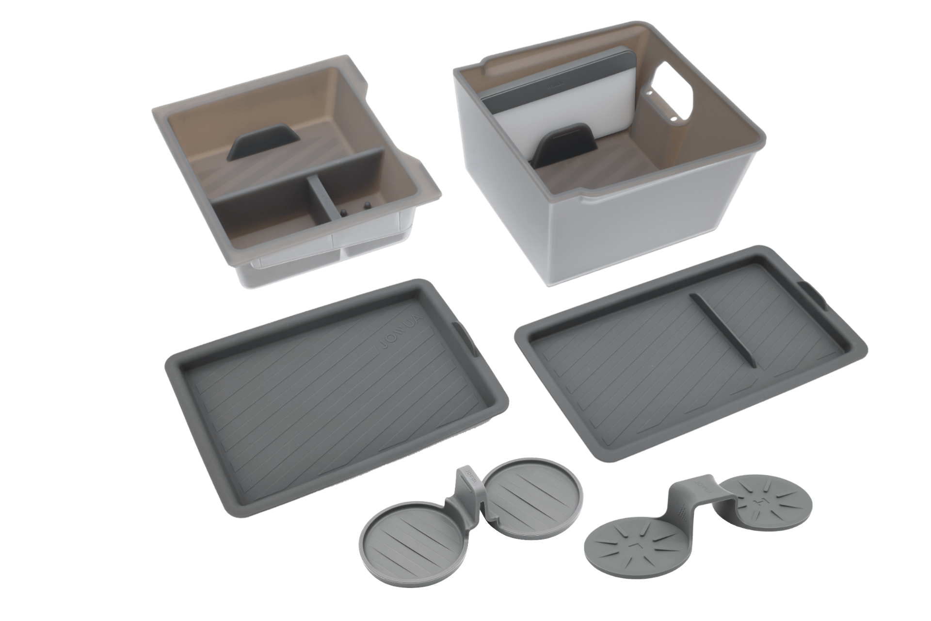 The JOWUA LED Center Console Combo for Tesla Model Y Juniper (2025+) includes modular gray and beige storage containers with dividers, lids, and wheel-like accessories—ideal for organizing your center console or storing accessories.