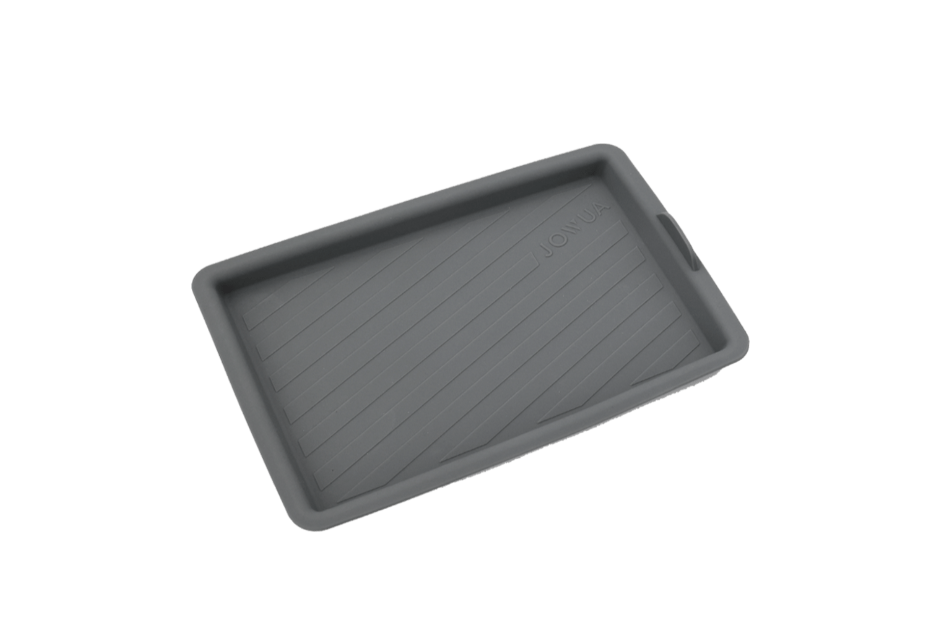 The JOWUA Center Console Silicone Mat (Model Y Juniper) is a gray, rectangular, shallow tray with raised edges and a diagonal textured base. "JOINUX" is embossed in one corner—ideal for organizing your center console.