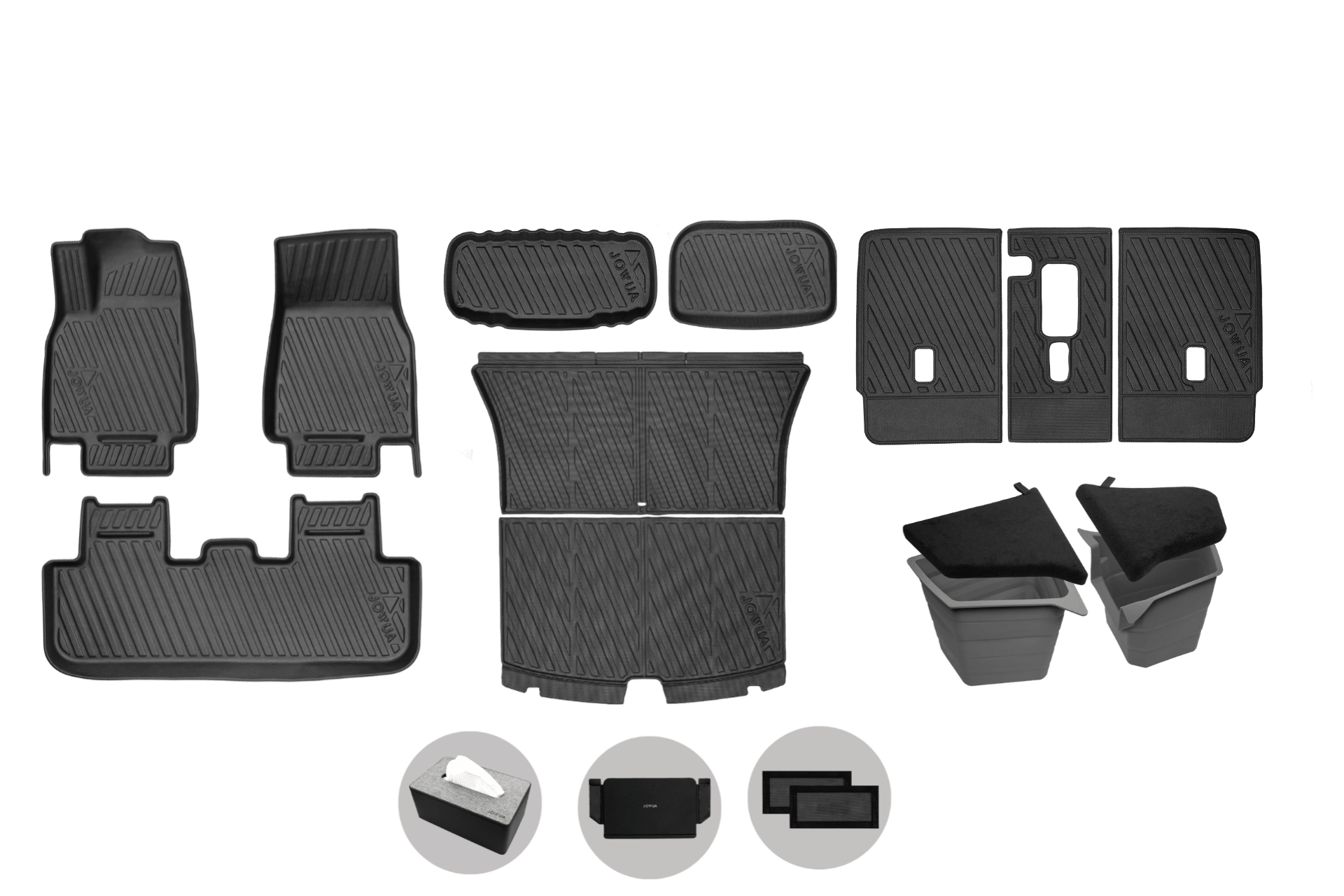 The JOWUA Model Y RWD Standard 2026+ Interior / Trunk Full Coverage Liner Combo is displayed on a light background, featuring black all-weather mats, storage bins, organizers, and close-ups of three storage items plus a rear air vent cover.