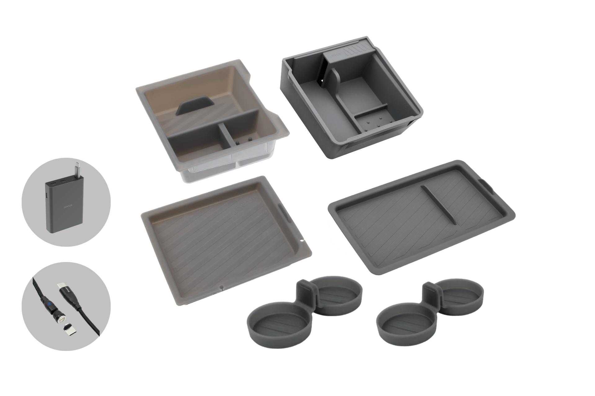JOWUA’s Center Console Organizer Set with Power HUB (Tesla Model 3 Standard 2026+) includes gray and beige trays, a Model 3 armrest organizer, two cup holders, a notebook, and USB cable displayed on a light gray background.