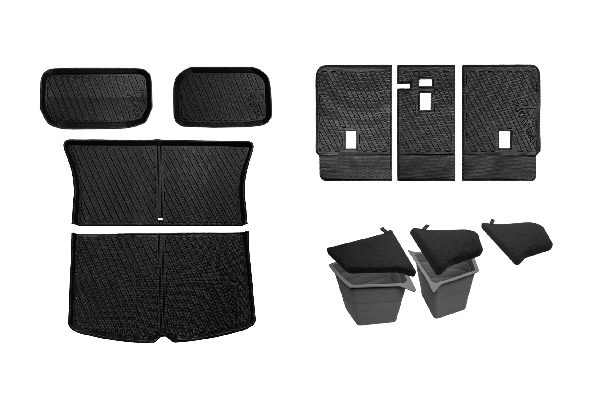 The JOWUA Model Y Trunk Combo (2018-2024) includes black rubber car floor mats in assorted sizes and two gray bins with soft black lids—ideal storage and organization accessories for your Tesla Model Y.