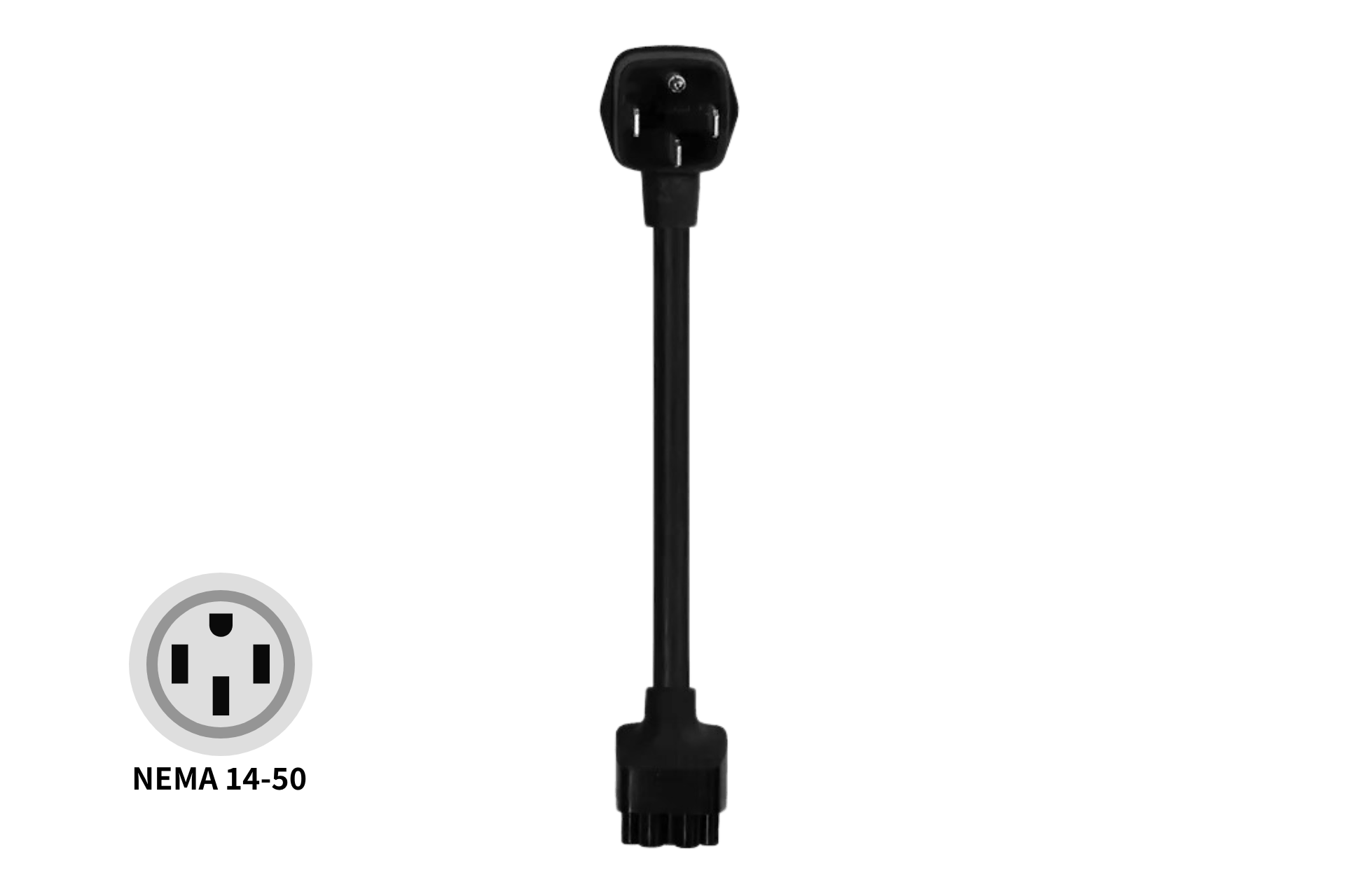 The JOWUA NEMA 14-50 Mobile Connector Adapter is a black Tesla-compatible cord with plug and socket ends. A three-prong outlet icon in the corner highlights its superior cable durability for reliable use.