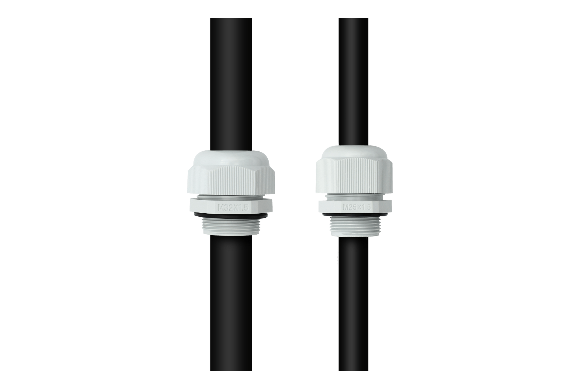 Two black cables are securely positioned through white plastic cable glands with threaded ends and ribbed caps in the JOWUA NEMA 14-50 Weatherproof Power Outlet Box, ensuring vertical placement. The setup is ETL Listed for reliability against a plain white background, guaranteeing safety and precision.