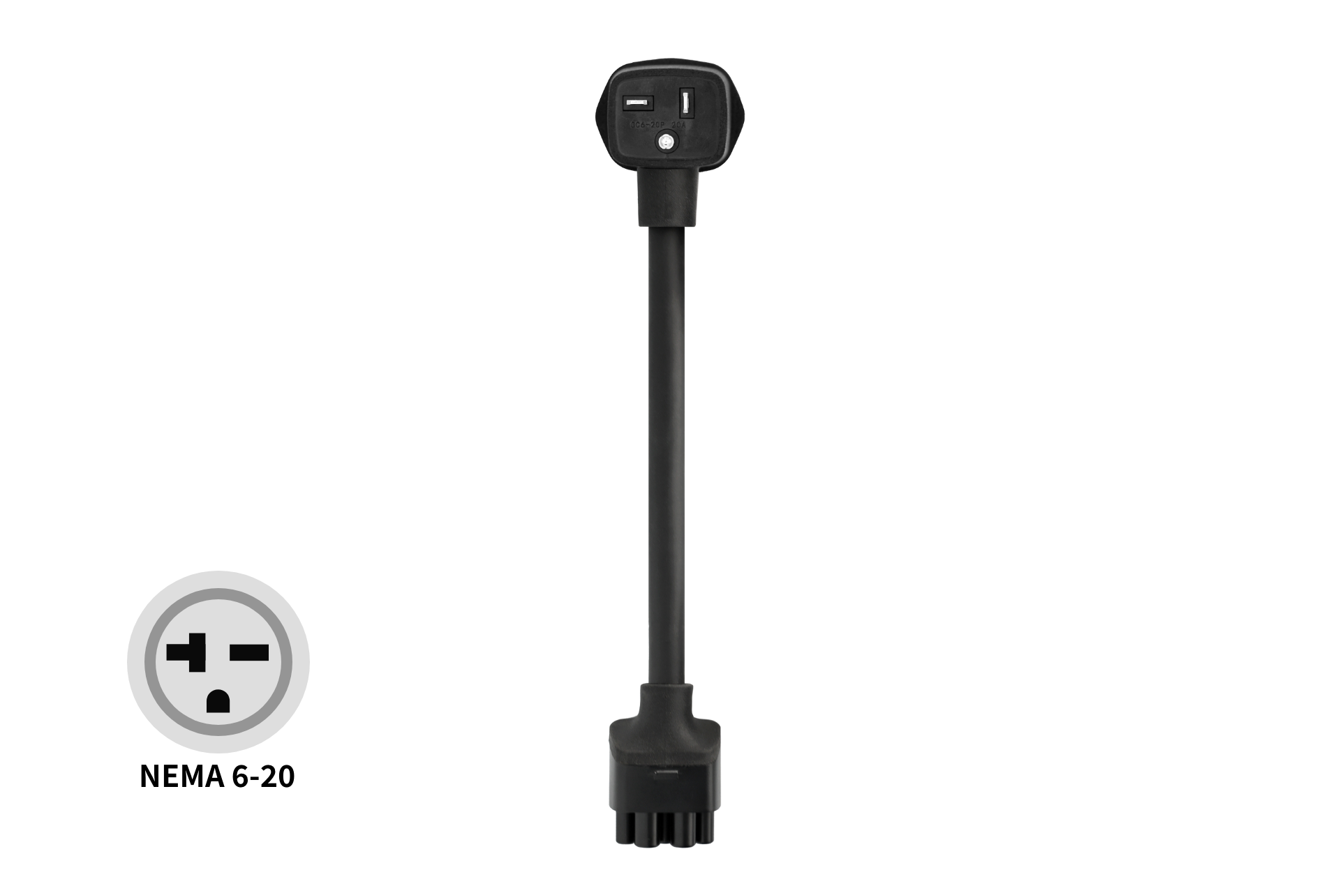 The JOWUA NEMA 6-20 Mobile Connector Adapter is a black Tesla-compatible charger with a round socket and rectangular plug, ideal for EV charging. A diagram of the socket’s face appears in the bottom left corner.