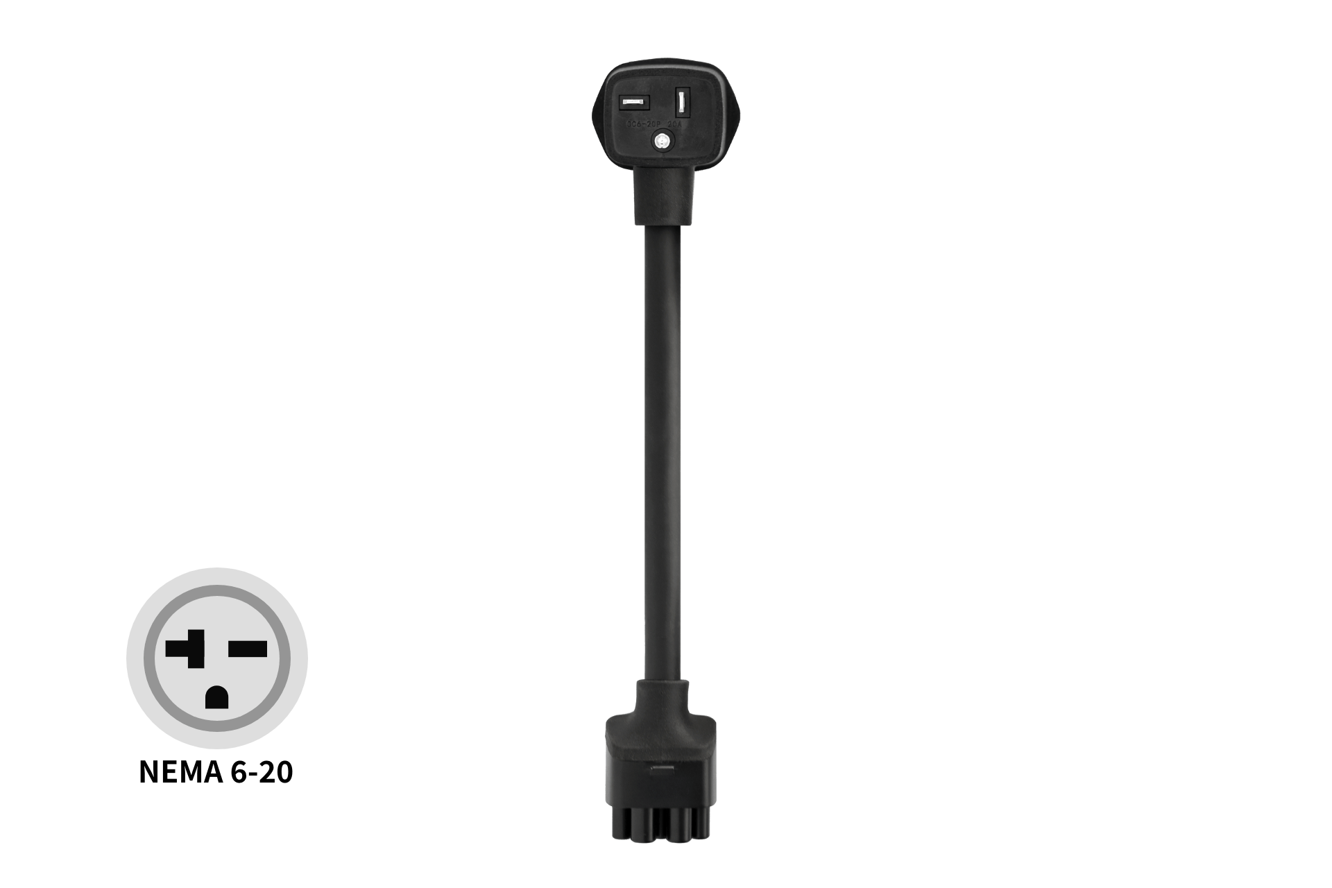 The JOWUA NEMA 6-20 Mobile Connector Adapter is a black Tesla-compatible charger with a round socket and rectangular plug, ideal for EV charging. A diagram of the socket’s face appears in the bottom left corner.