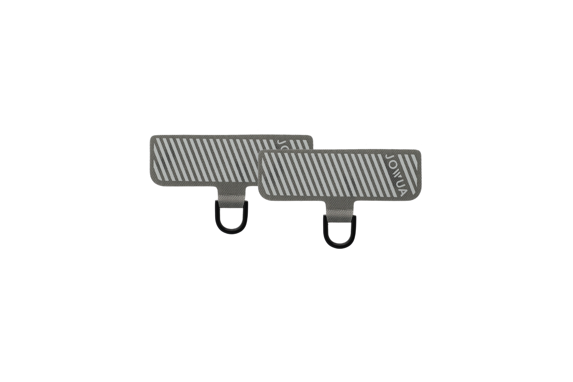 The JOWUA Phone Tether Tab (Set of 2) features rectangular gray and white striped fabric patches with bottom loops and "JOWUA" branding, offering a lightweight, durable design ideal for securing your phone.