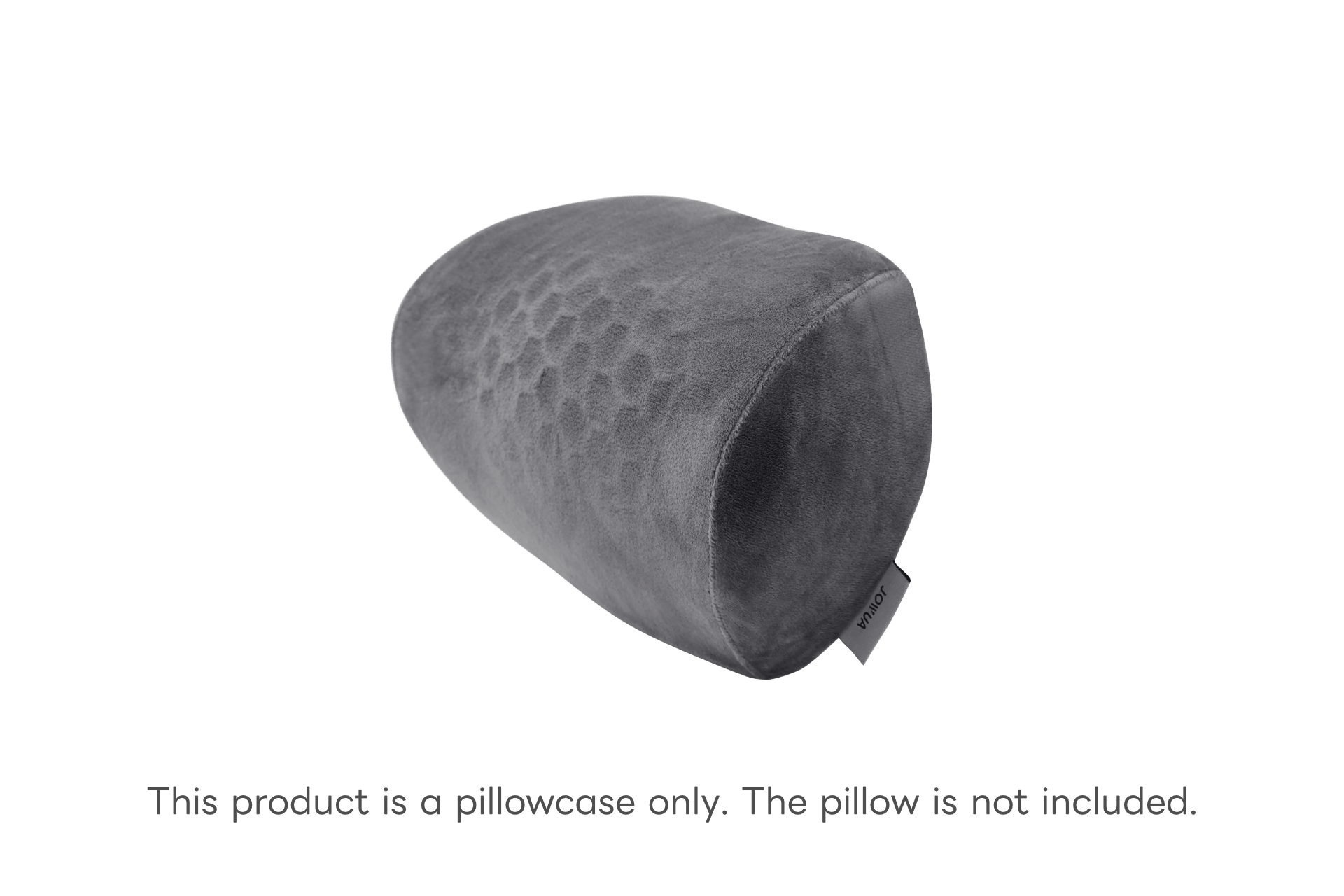 A gray, textured JOWUA Pillowcase (For Tesla Neck Pillow) is shown on a white background with a tag on the seam. Text below states: "This product is a pillowcase only. The pillow is not included.