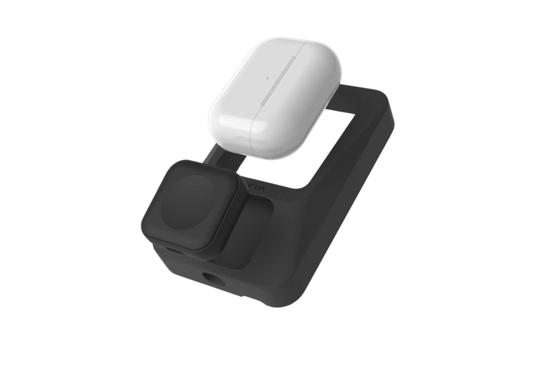 The JOWUA Power Dock Combo, an Apple accessory charger for Tesla, features a sleek black wireless charging stand with an AirPods dock and smartwatch charging pad, set elegantly against a plain black background.