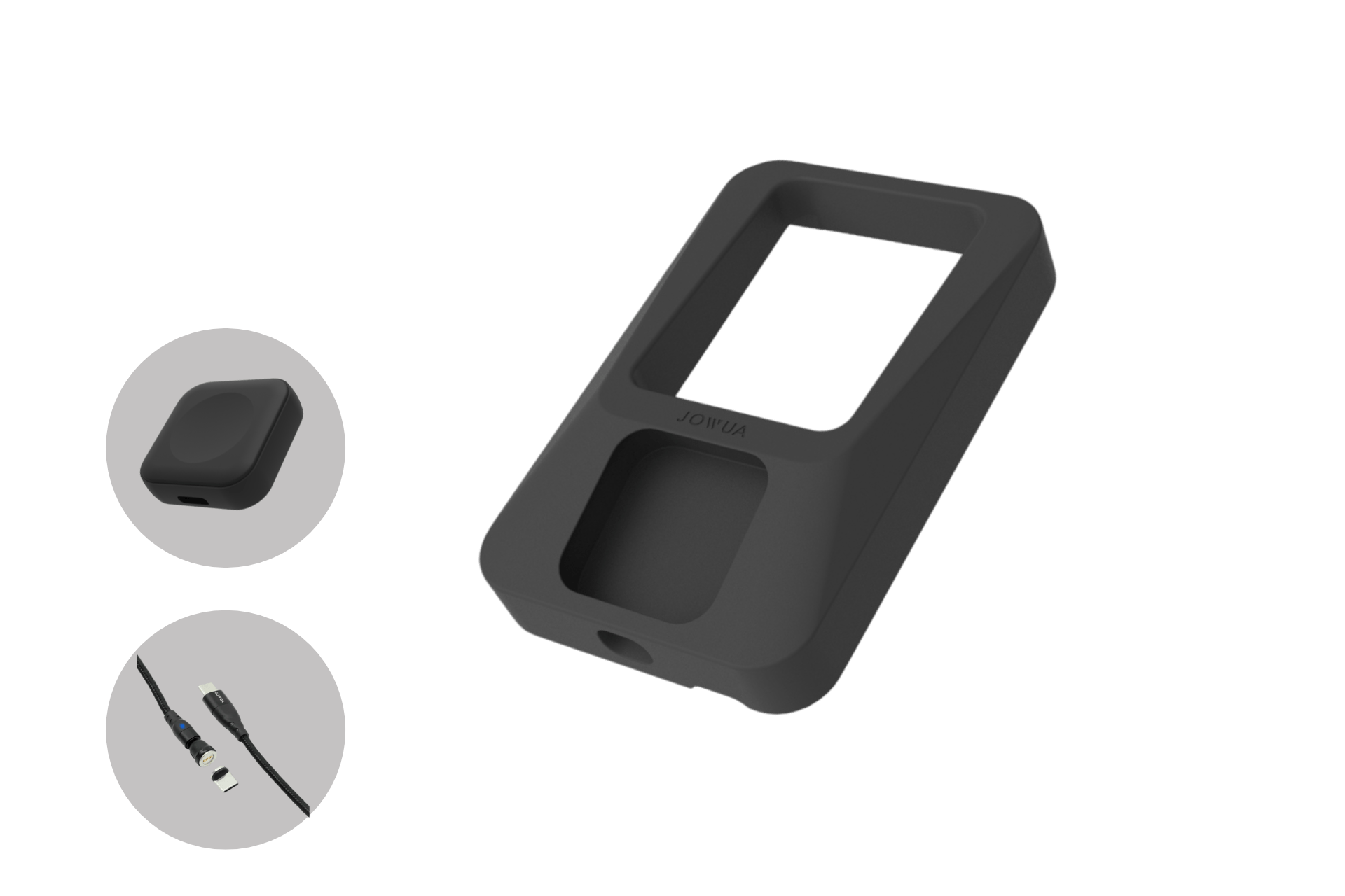 The JOWUA Power Dock Combo is a black, rectangular silicone case for Apple accessories in your Tesla, featuring screen and charging port openings. Also included are a matching black cover and a USB/micro-USB charging cable.