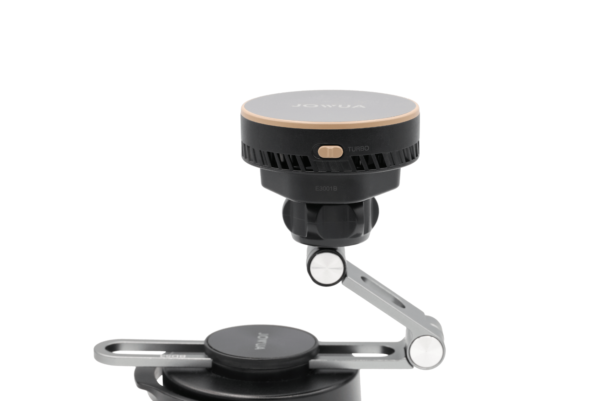 A sleek black JOWUA Active Cooling Tesla Compatible Phone Mount, accented in gold, sits on an adjustable metallic arm and circular black base, offering Qi2 wireless charging. Shown against a plain white background.