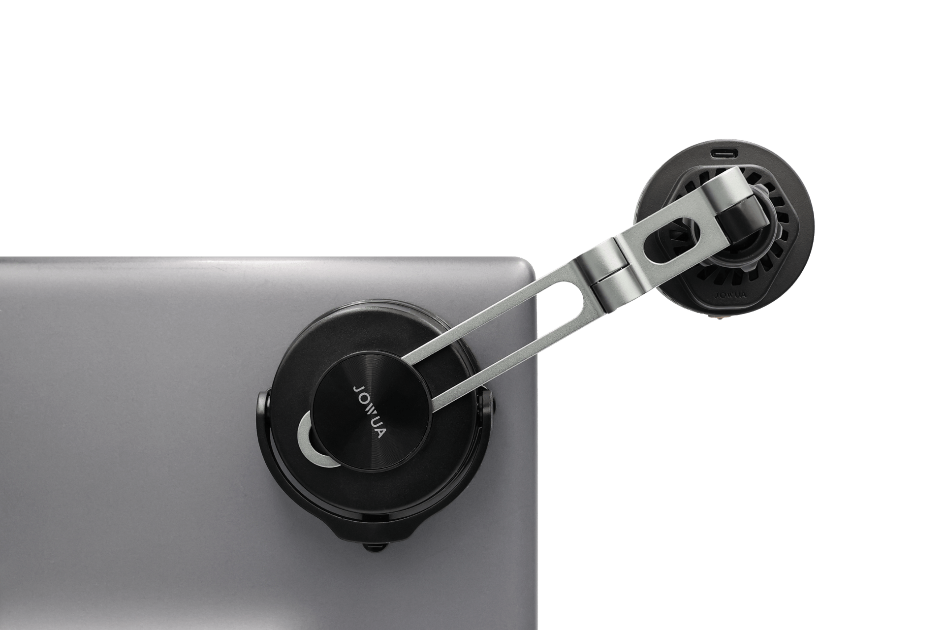 A close-up of a JOWUA Active Cooling Tesla Compatible Phone Mount with a black and metallic adjustable arm, circular clamp design, and built-in wireless charging, attached to the edge of a Tesla dashboard.