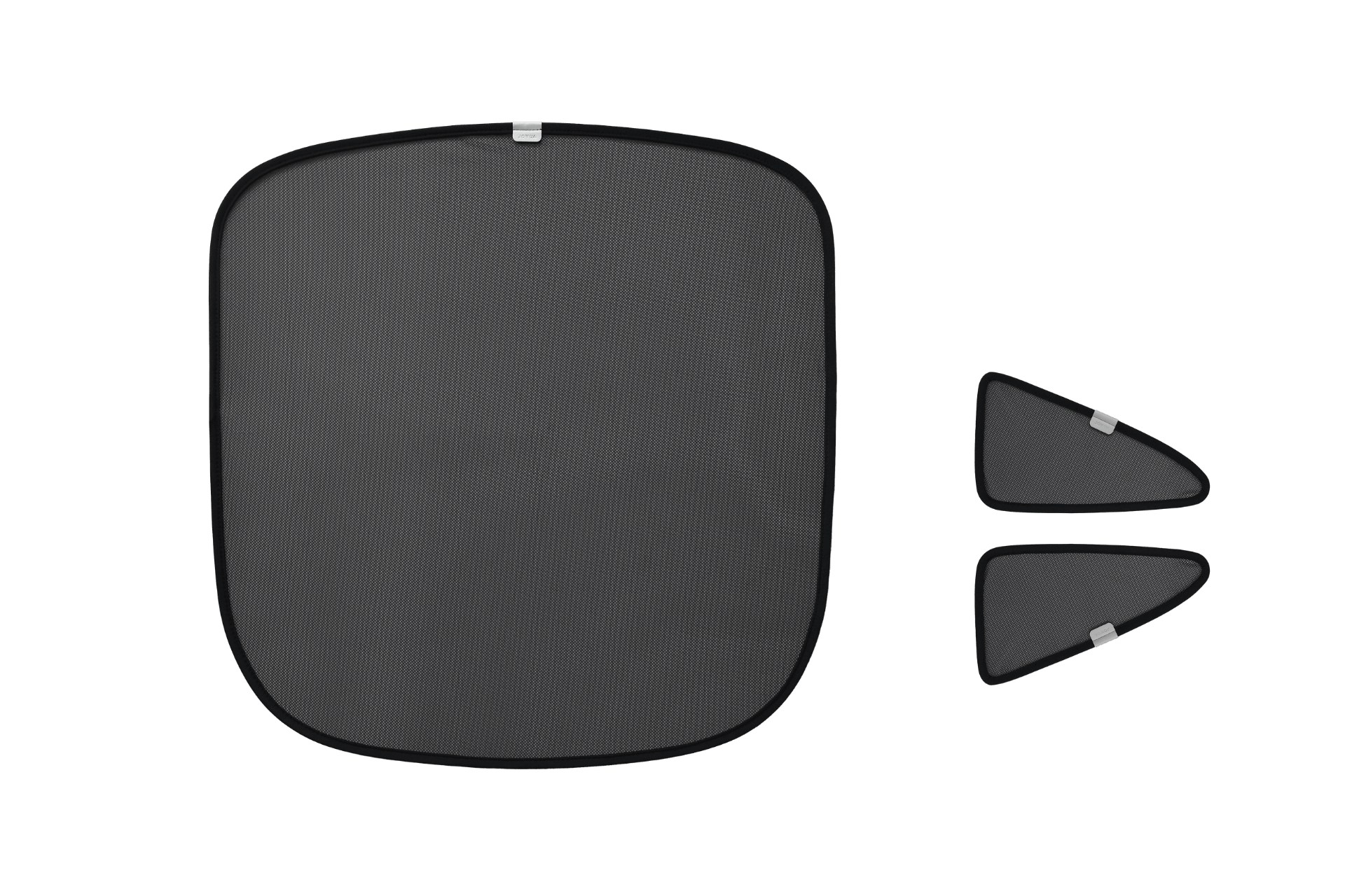 Three black mesh JOWUA sunshades for the Model Y L (2026+), crafted from high-density transparent woven fabric: one large rectangular rear lift gate shade on the left and two smaller triangular window shades on the right, all featuring black trim and gray tabs for a custom-fit look.