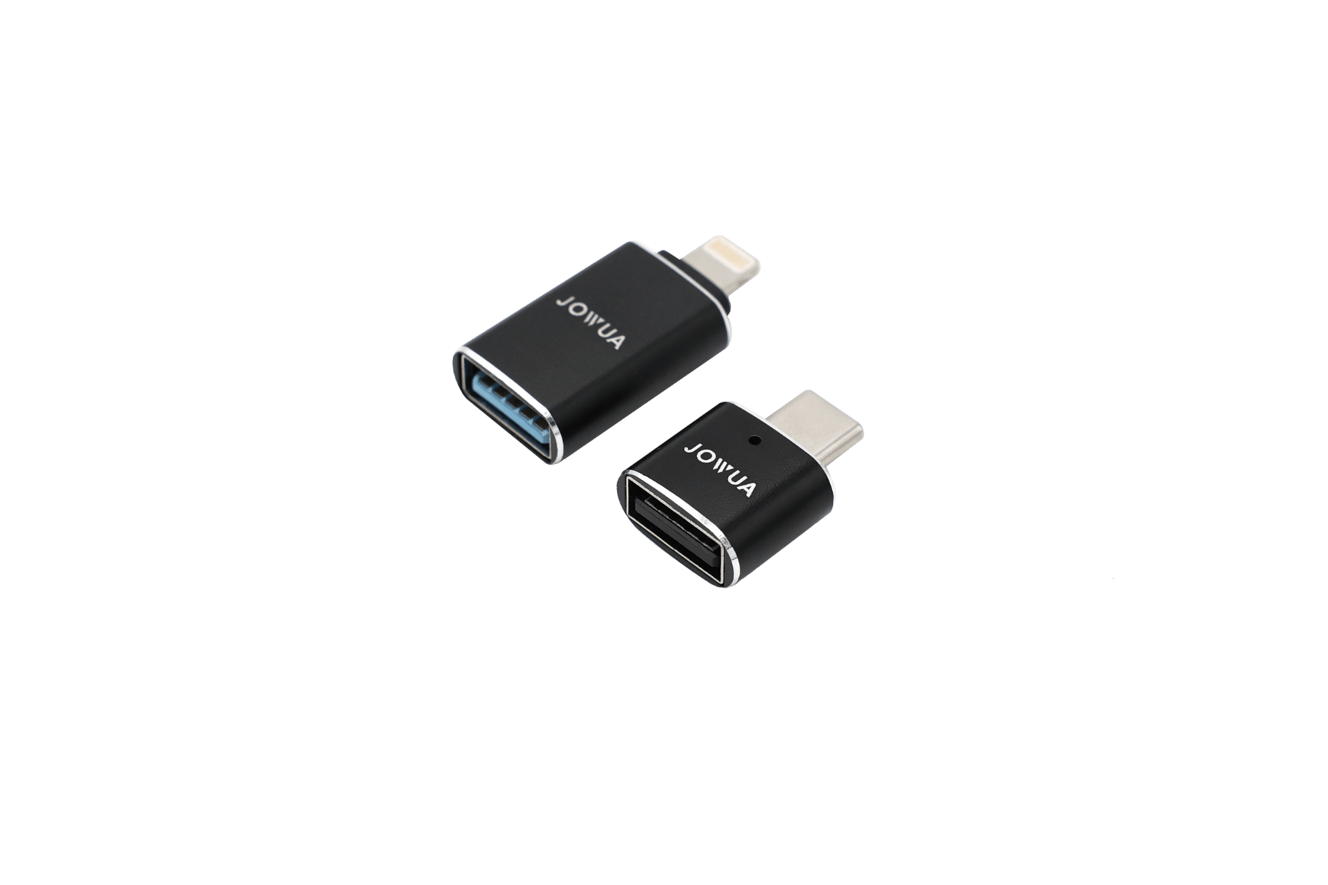 The JOWUA Sentry & DashCam Adapter Set OTG (USB-A to Type-C & Lightning) features two black adapters on a white background—perfect for Tesla Sentry iPhone use or enabling OTG with your Tesla dashcam.